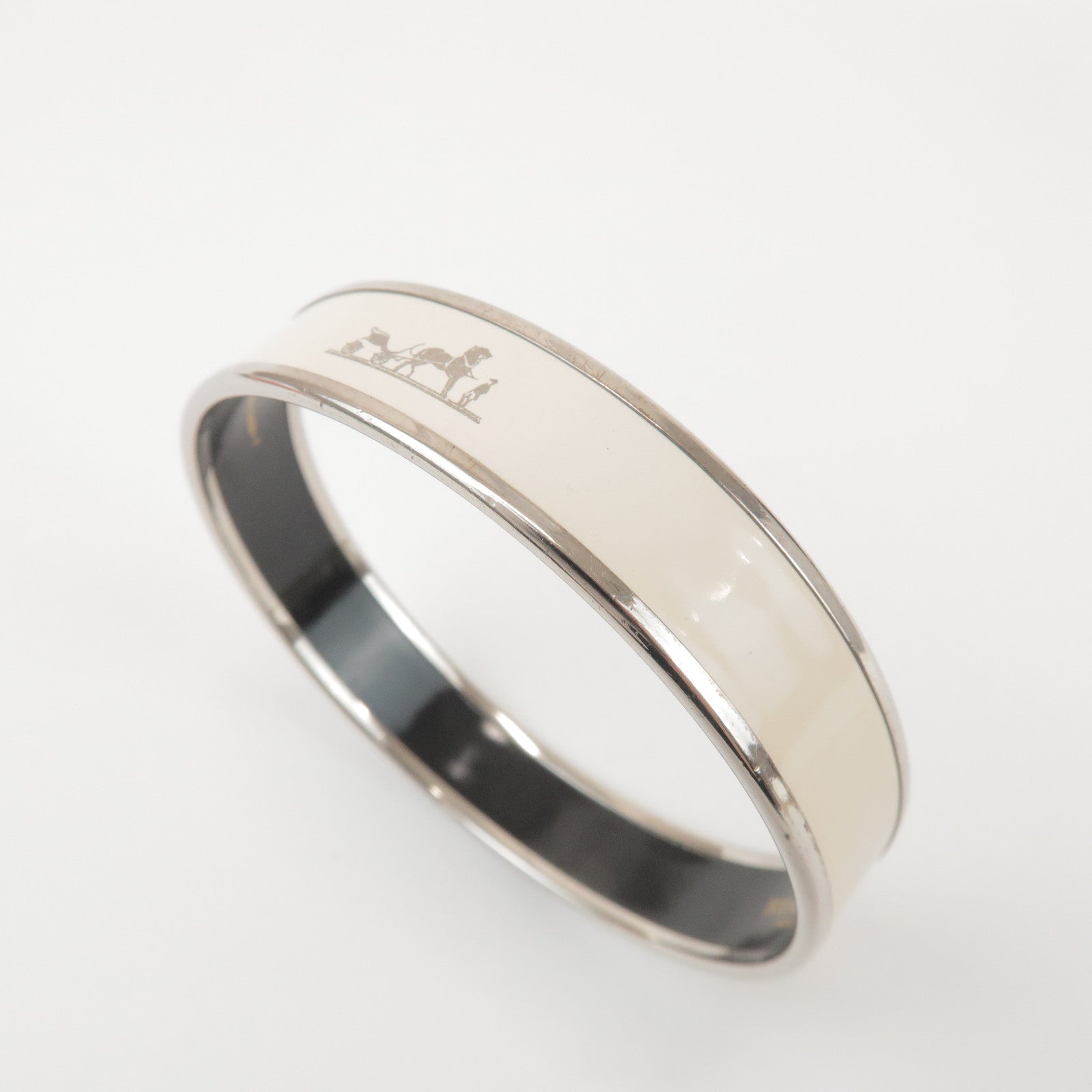 HERMES Email MM Bangle Plated Bracelet Ivory Silver