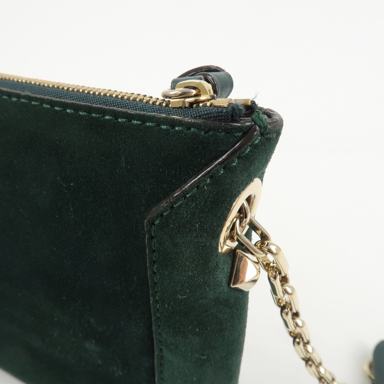 JIMMY CHOO VARENNE Suede Leather Chain Shoulder Bag Dark Green