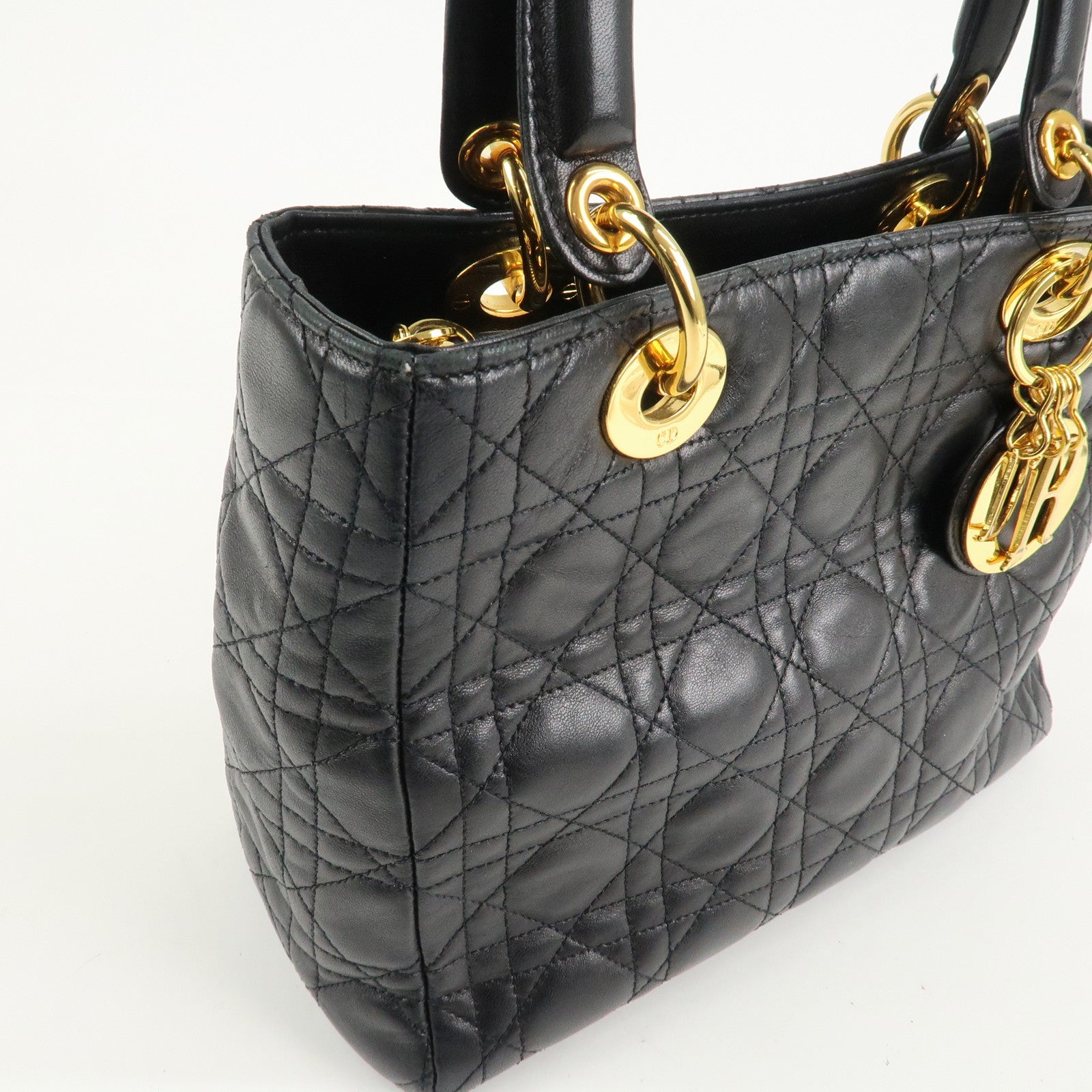 Christian Dior Lady Dior Canage Leather Hand Bag Black Used