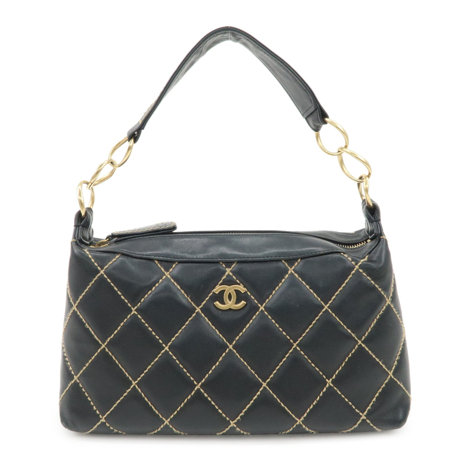 CHANEL COCO Mark Wild Stich Lamb Skin Chain Shoulder Bag Black Used