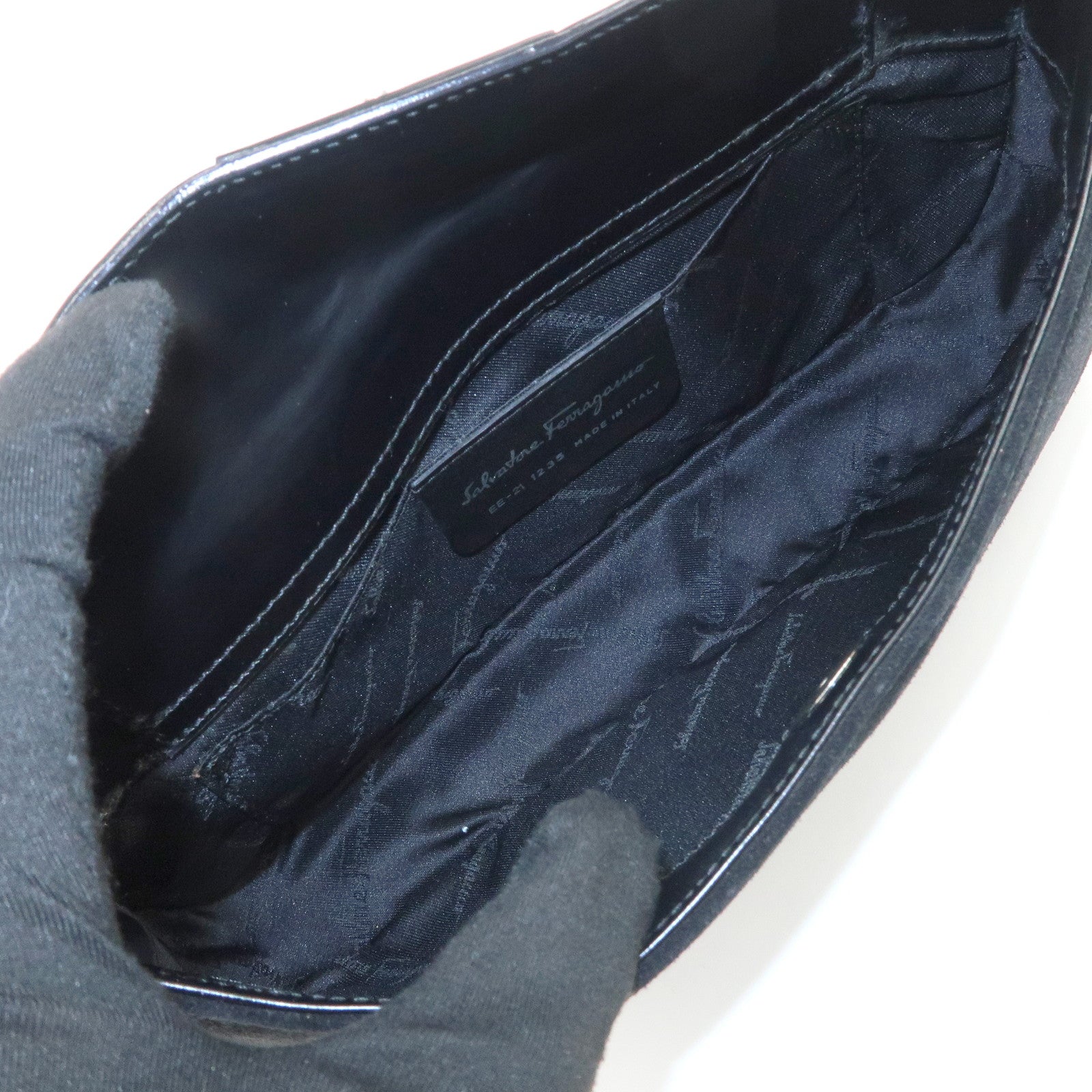 Ferragamo Logo Leather Suede Shoulder Bag Hand Bag Black