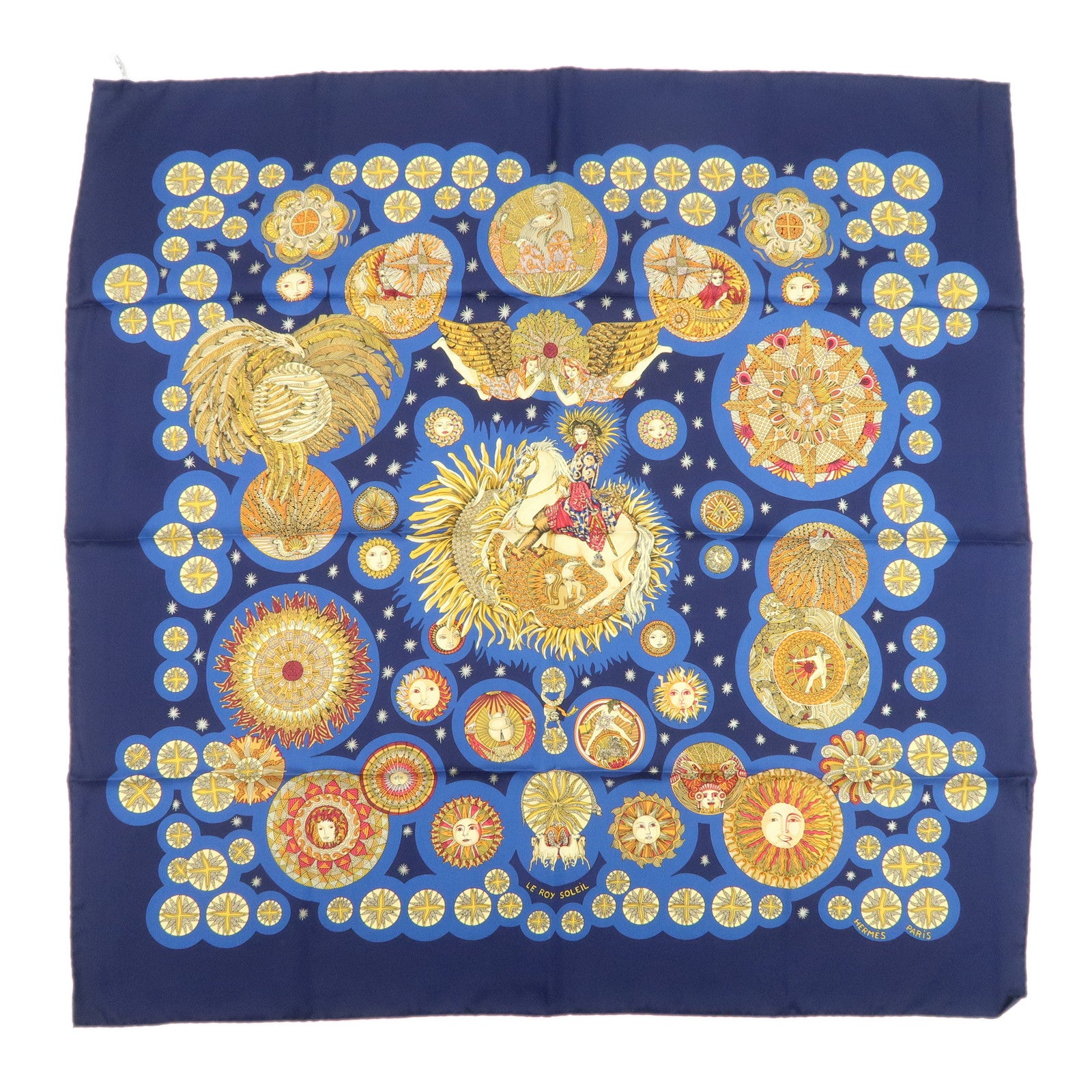 HERMES Carre 90 Silk 100% Scarf LE ROY SOLEIL Navy Yellow