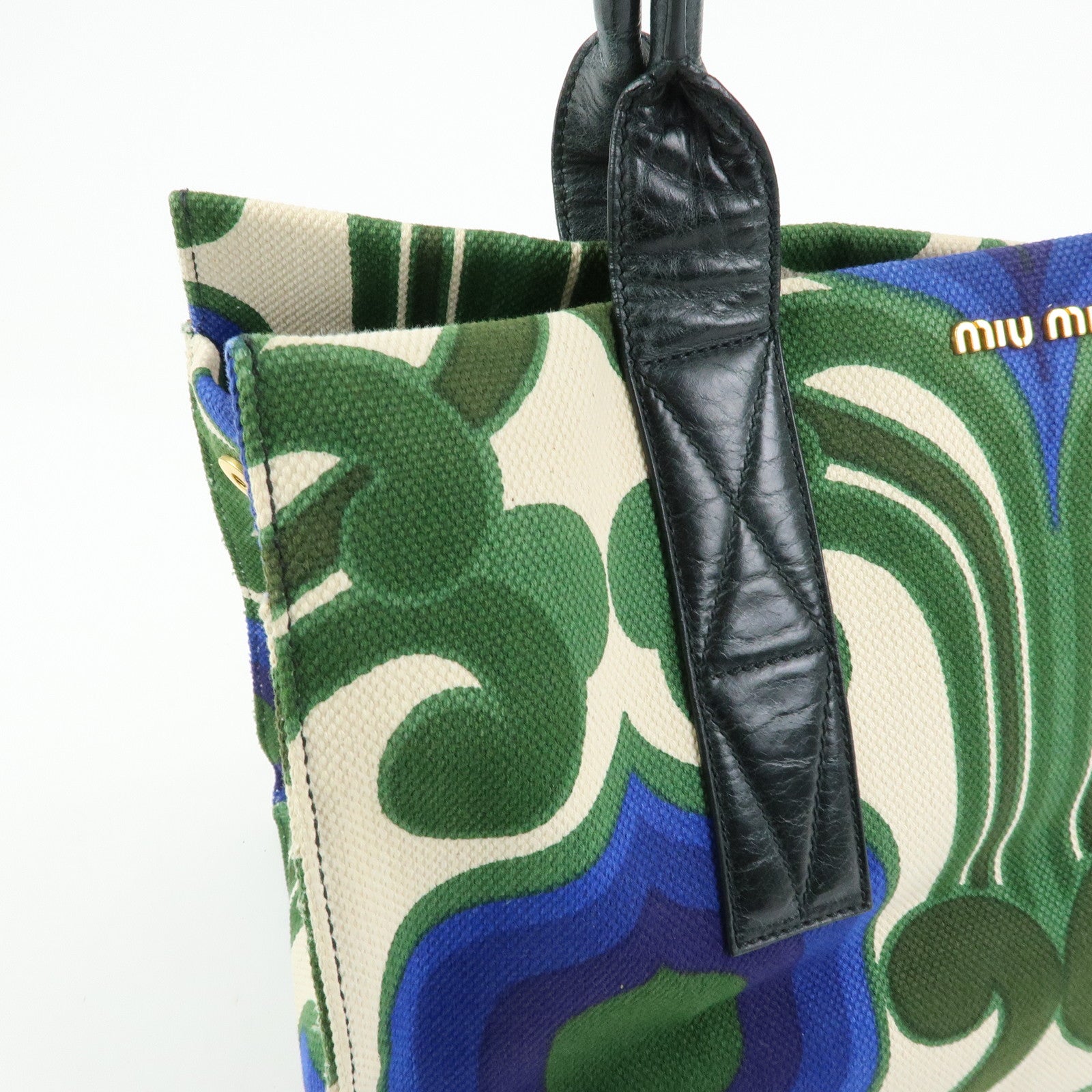 MIU MIU Canvas Leather Tote Bag Hand Bag Green Natural