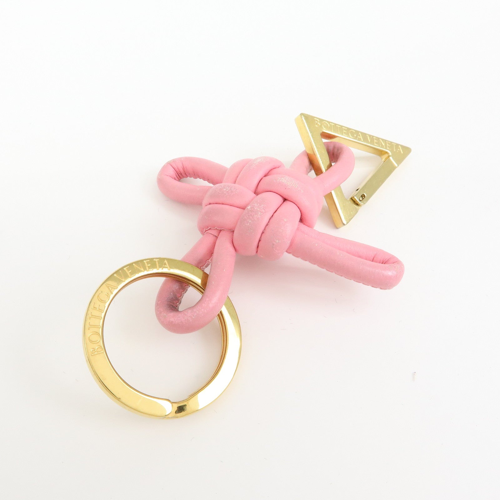 BOTTEGA VENETA Leather Metal Bag Charm Key Chain Gold Pink