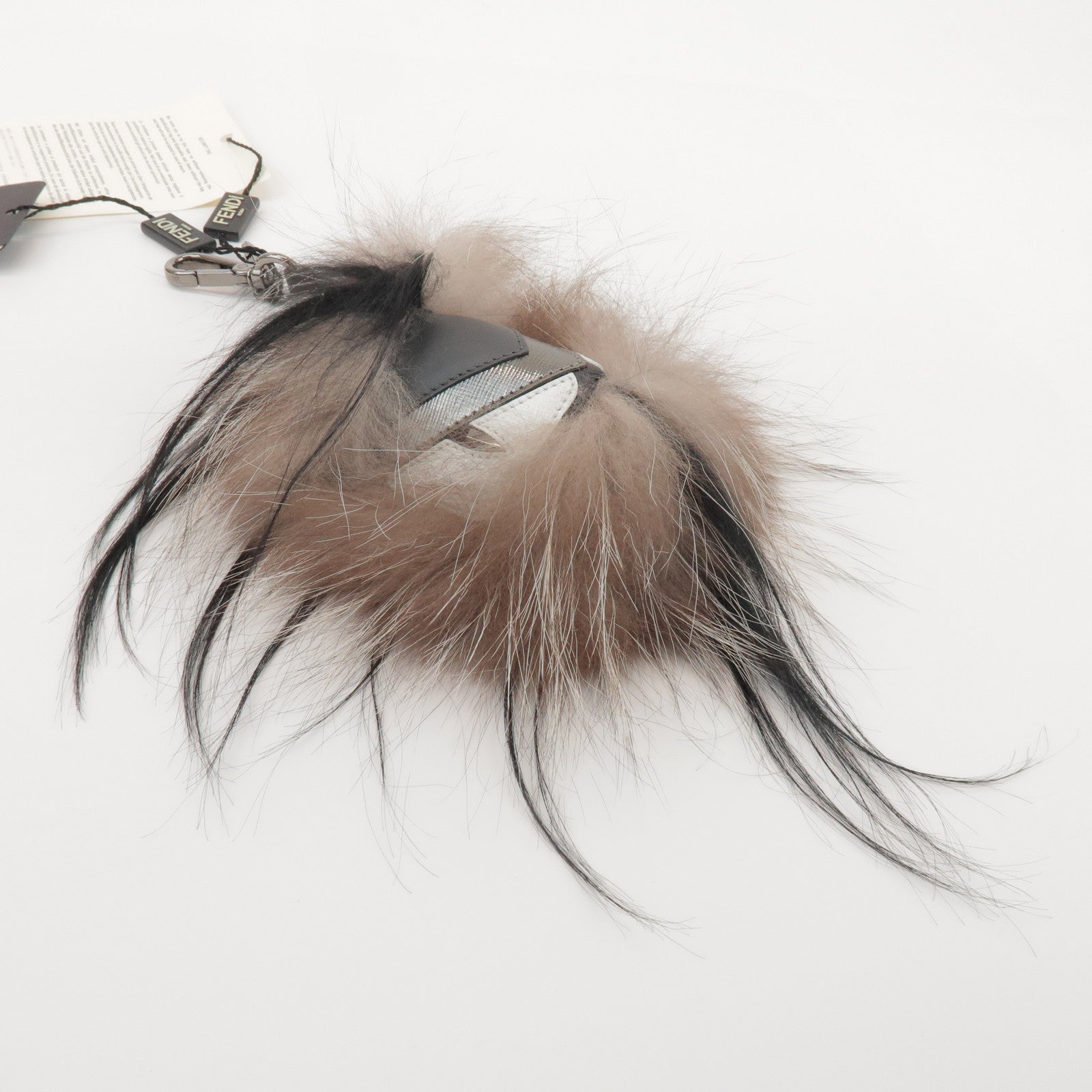 FENDI Fur Leather Monster Bag Charm Key Chain Black Greige