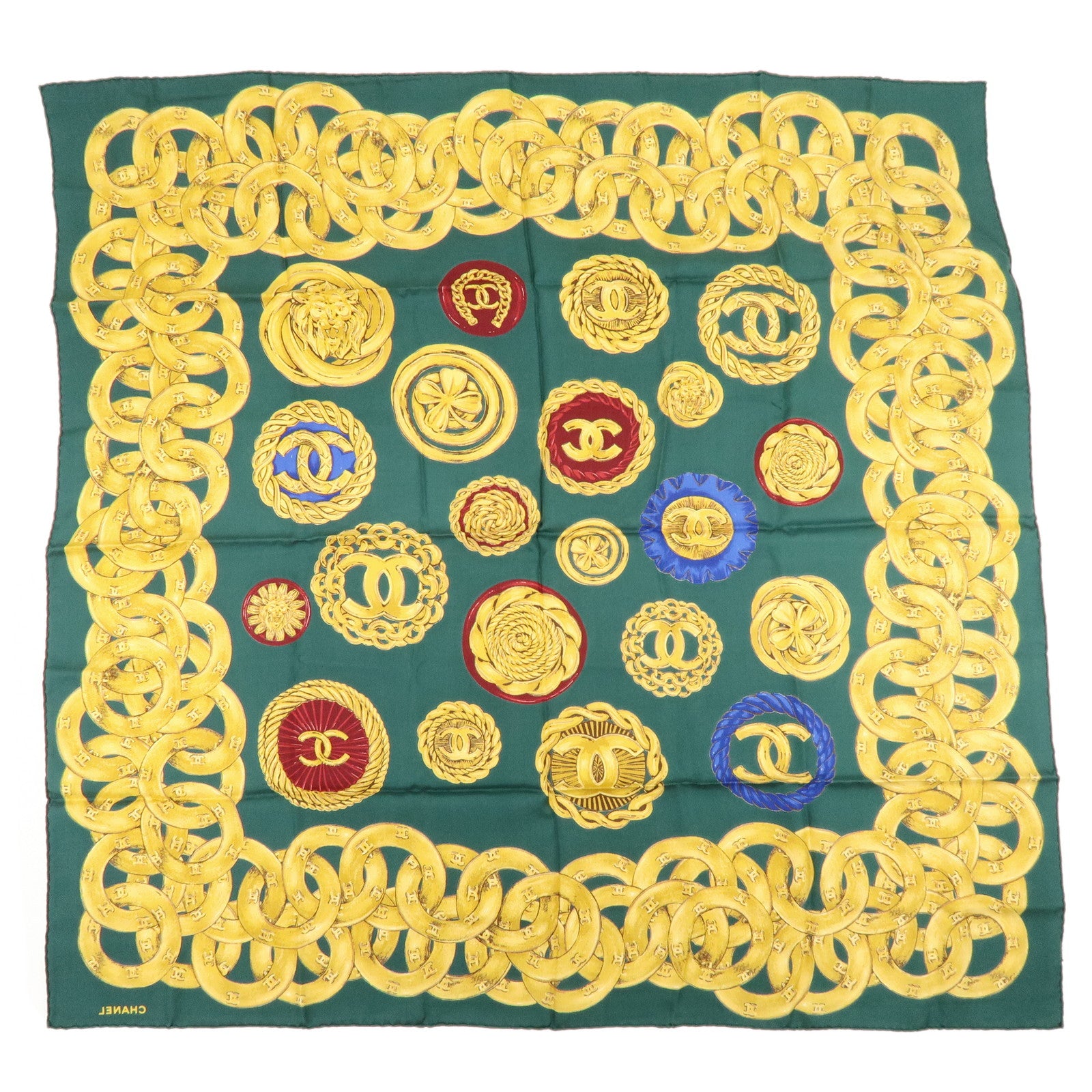 CHANEL Logo Silk 100% Medallion & Chain Print Scarf Moss Green Gold