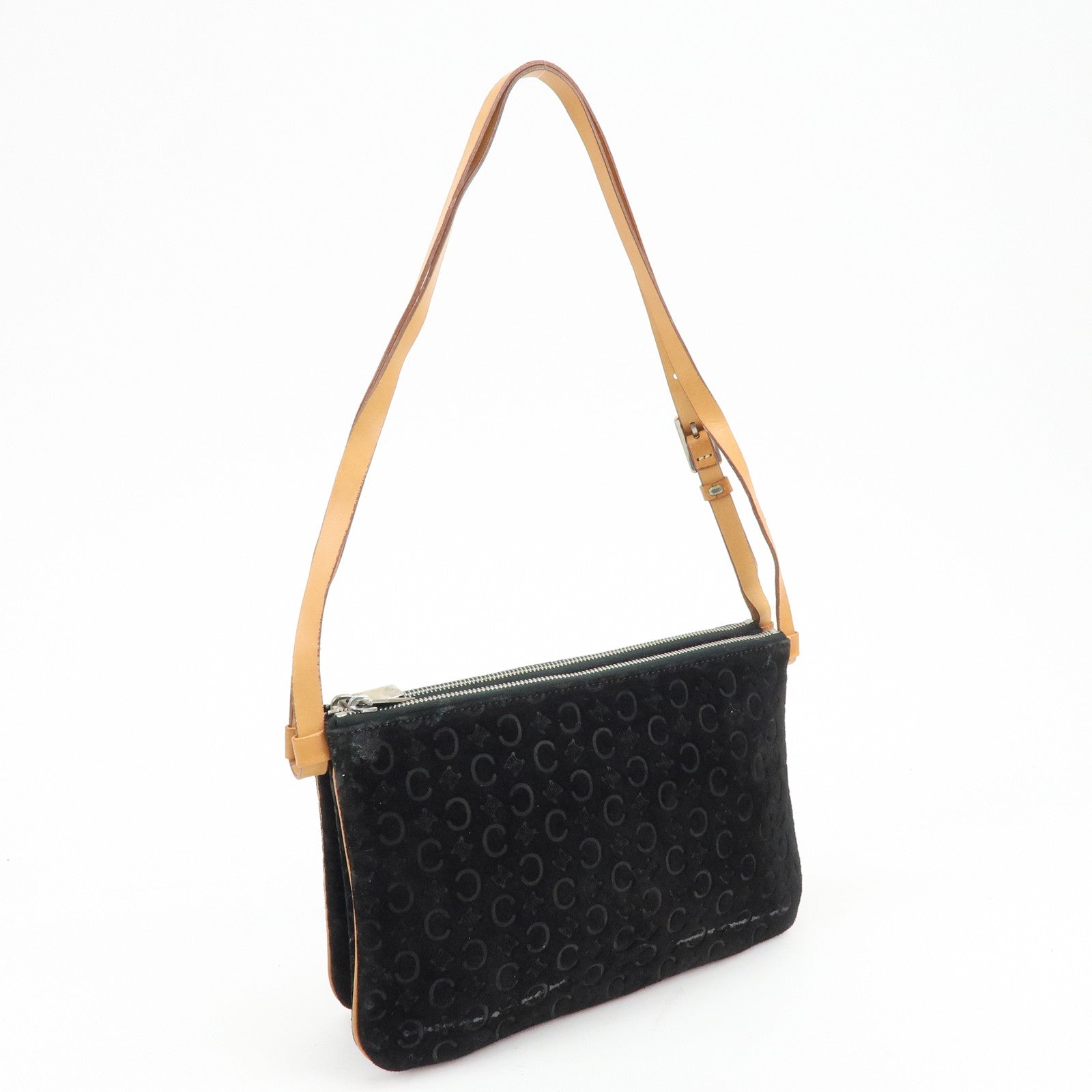 CELINE C Macadam Suede Leather Shoulder Bag Hand Bag Black Brown
