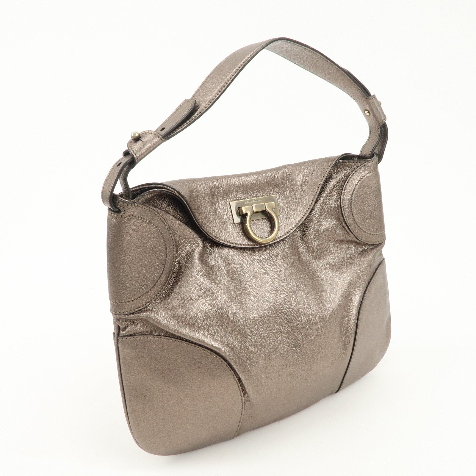 Ferragamo Gancini Leather Shoulder Bag Hand Bag Metallic Gray