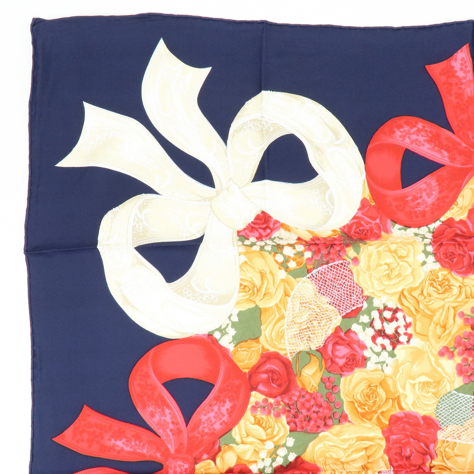 Christian Dior Silk 100% Scarf Flowers Motif Navy Red Orange