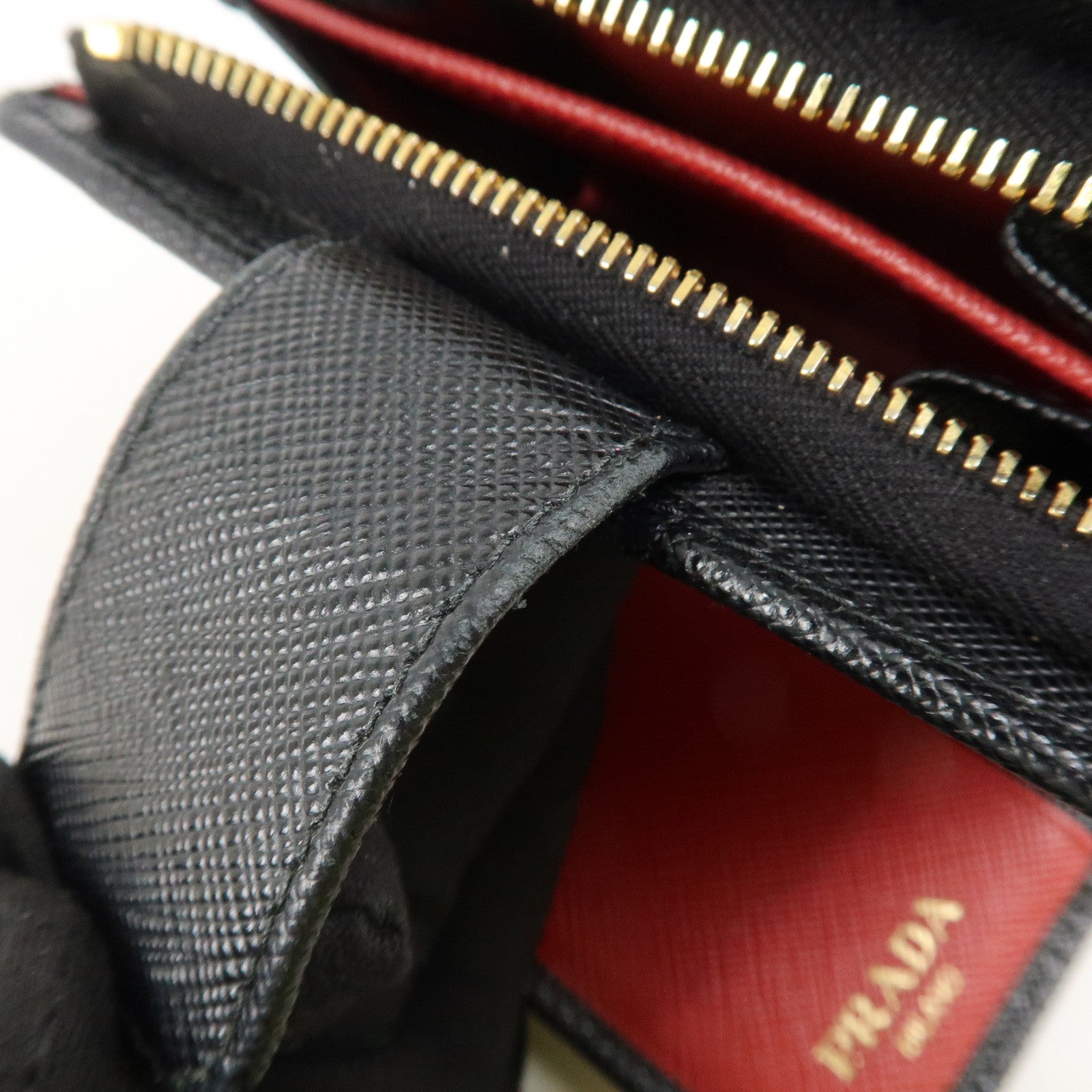 PRADA Saffiano Leather Bi-Fold Wallet Black Red Gold 1ML018 Used