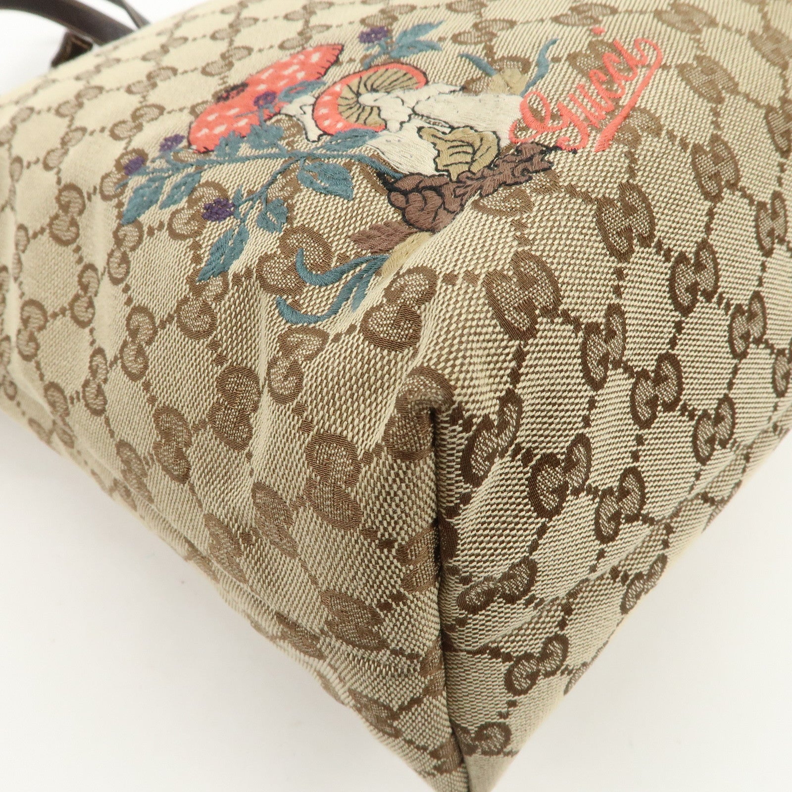 GUCCI GG Monogram Canvas Leather Tote Bag Beige Mushroom 163695