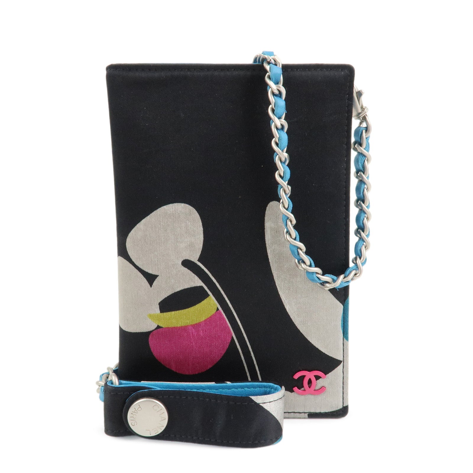 CHANEL Canvas Leather Chain Passport Case Black Multicolor