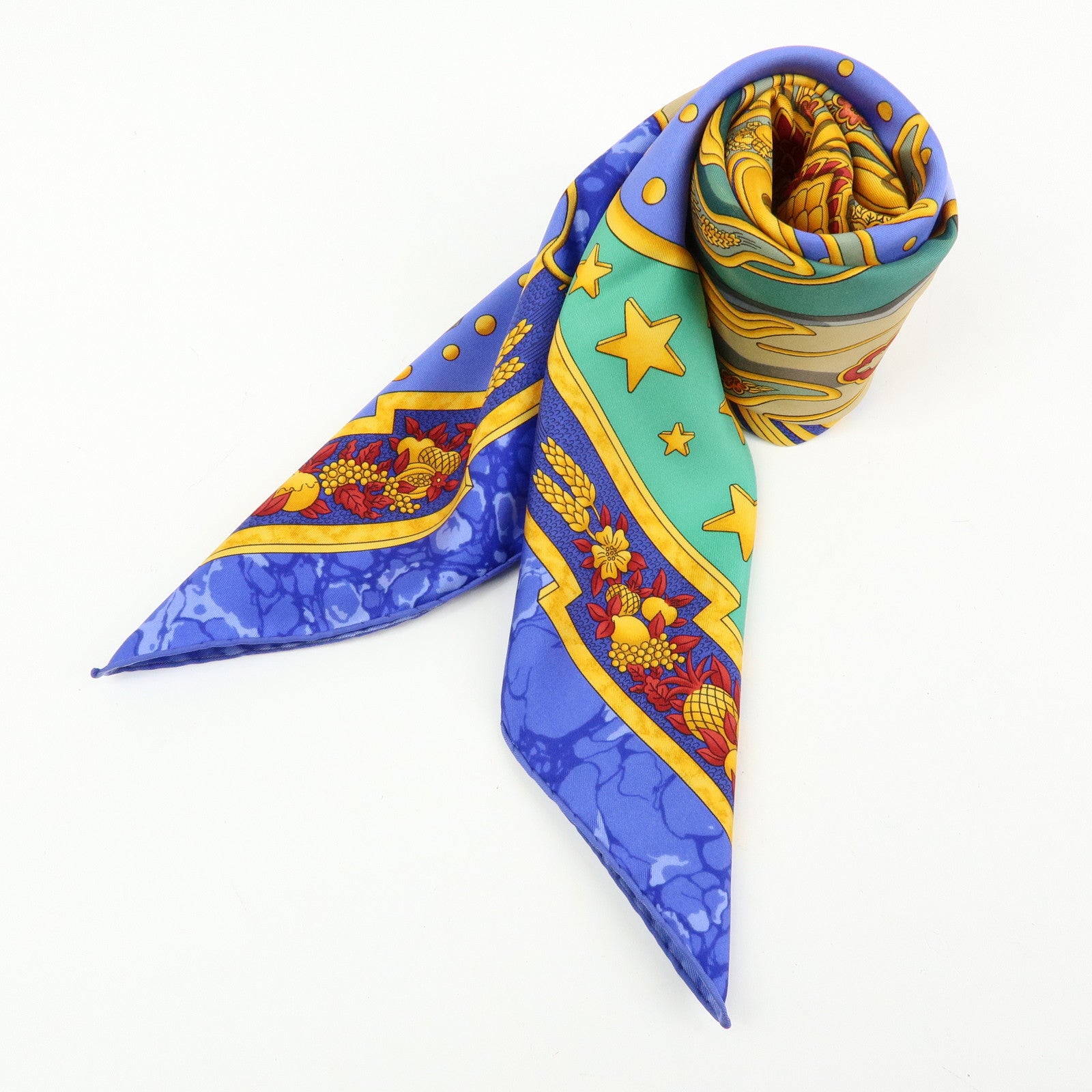 HERMES Carre 90 Silk 100% Scarf CARPE DIEM Blue Gold