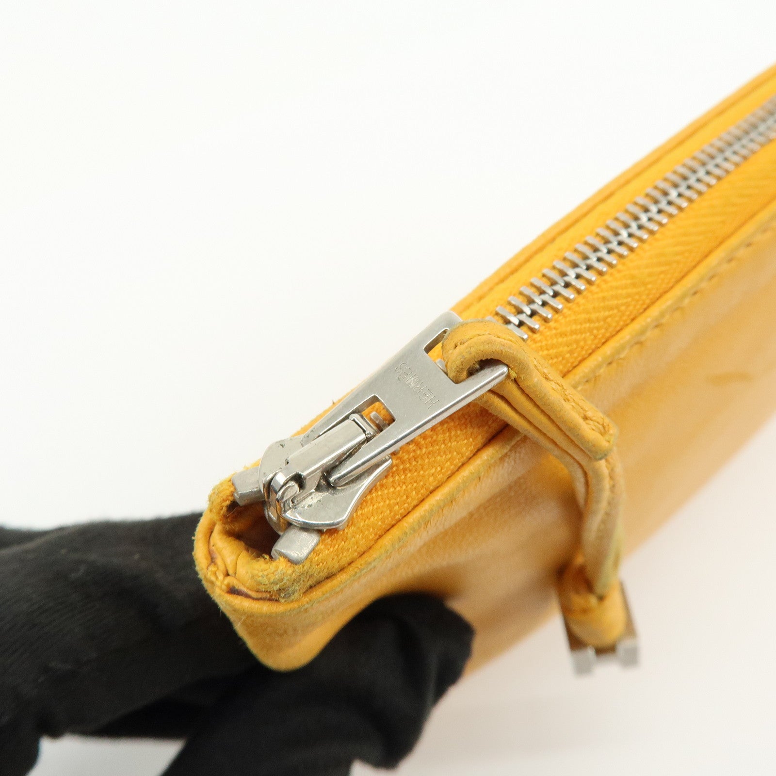 HERMES Leather Cosmetic Pouch Jewelry Pouch ☐P Stamped Yellow