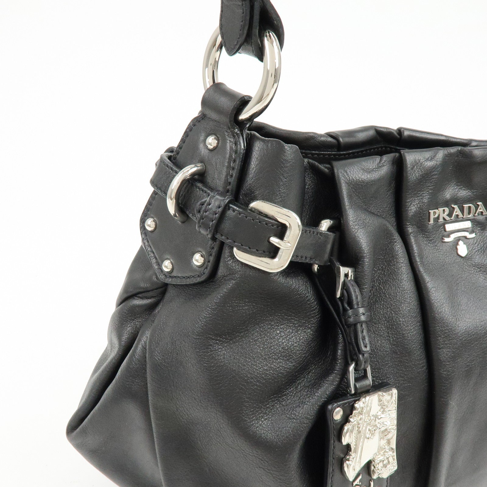 PRADA Logo Soft Calf Leather Side Belted Shoulder Bag Black BR3975