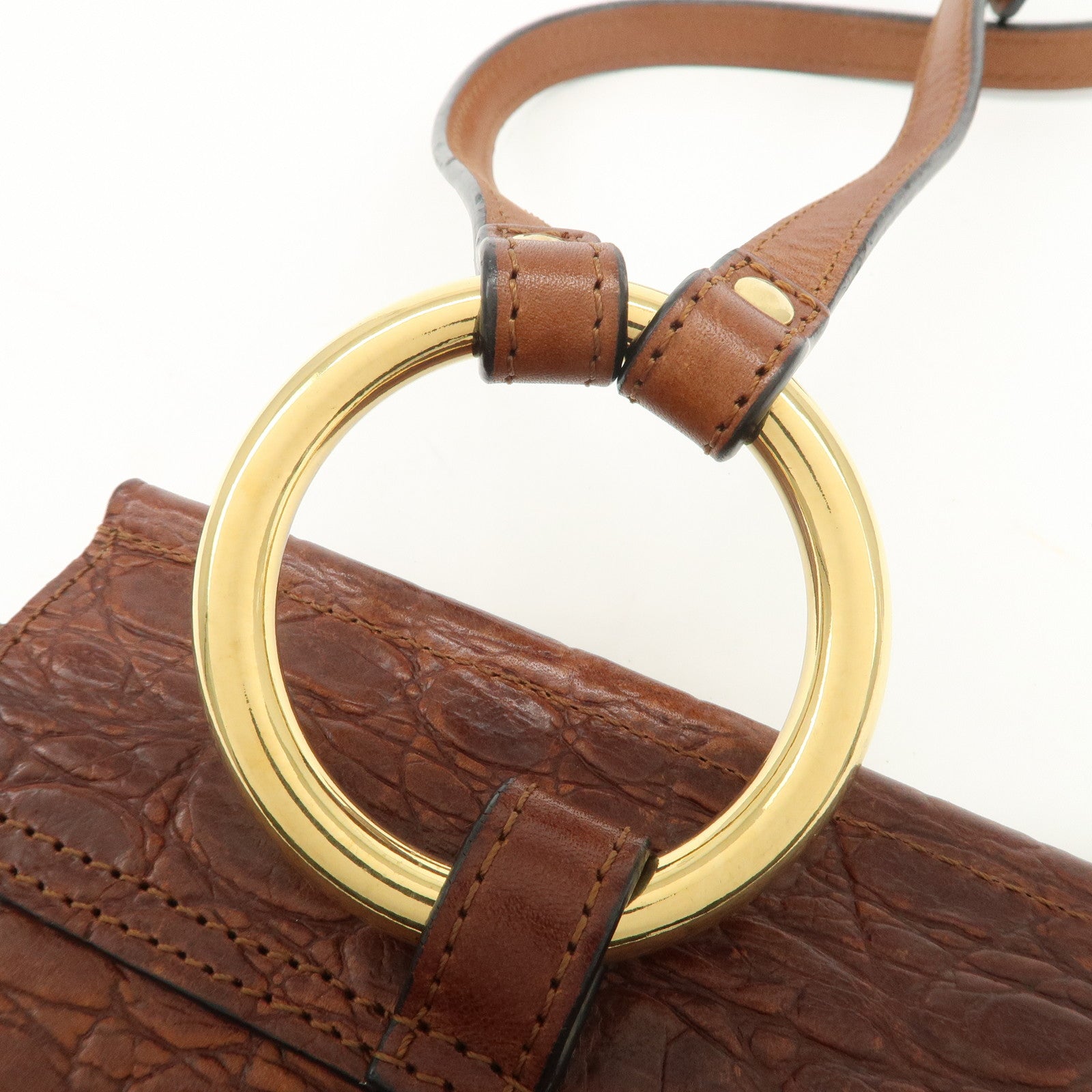 Chloe Logo Embossed Leather Shoulder Bag Hand Bag Brown