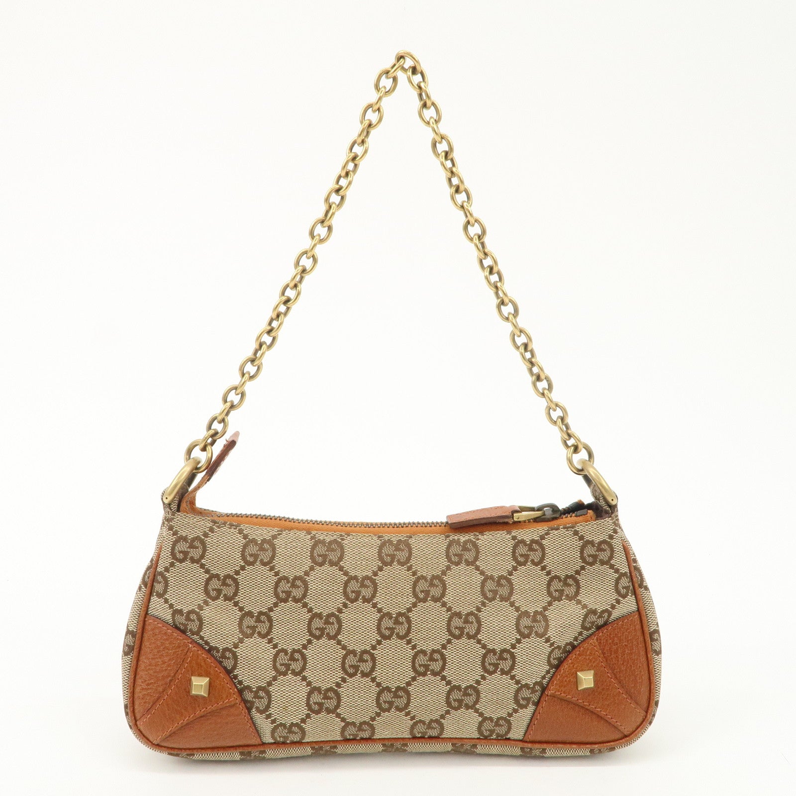 GUCCI GG Canvas Leather Chain Hand Bag Pouch Beige Brown 120940 Used