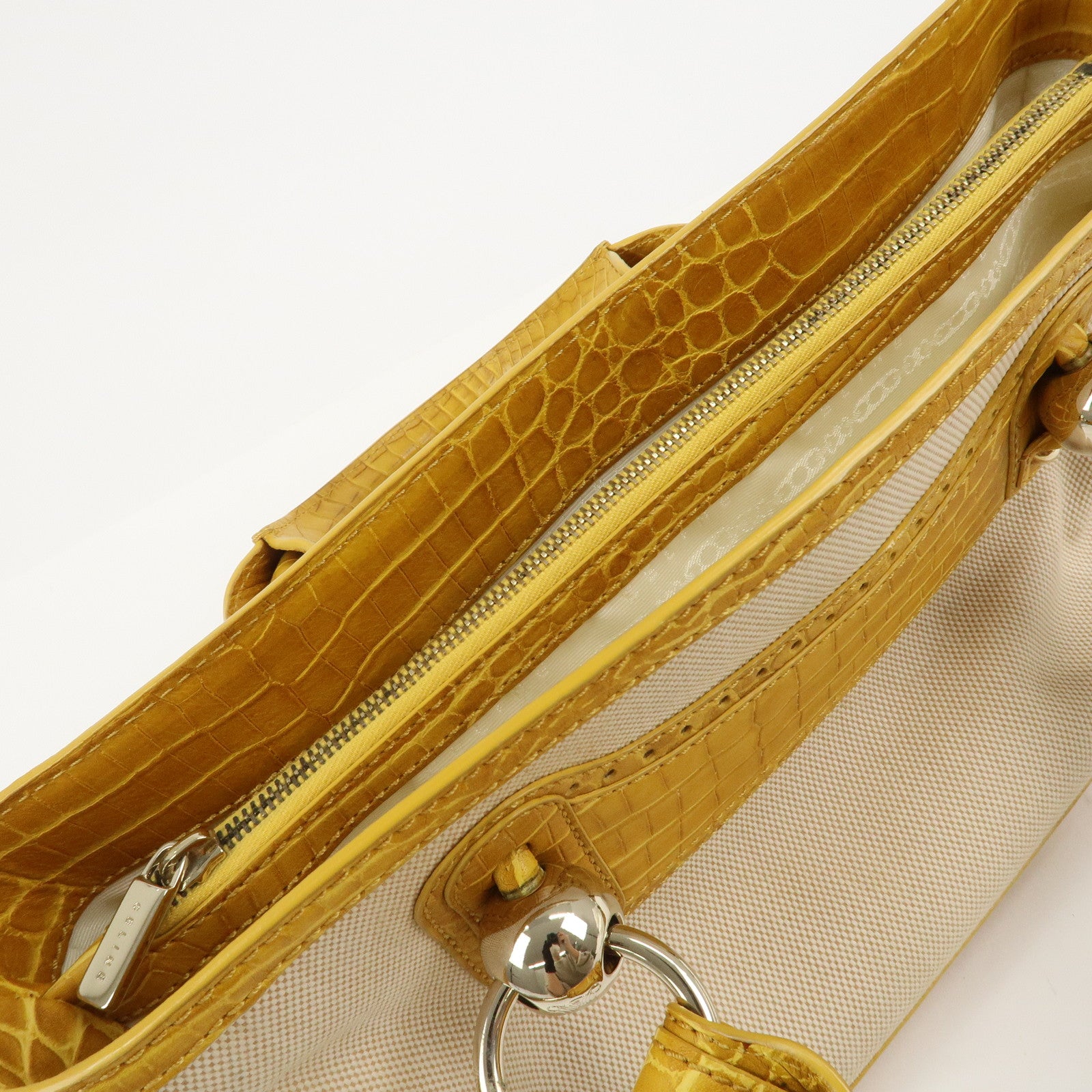 CELINE Boogie Bag Canvas Embossed Leather Hand Bag Natural Yellow