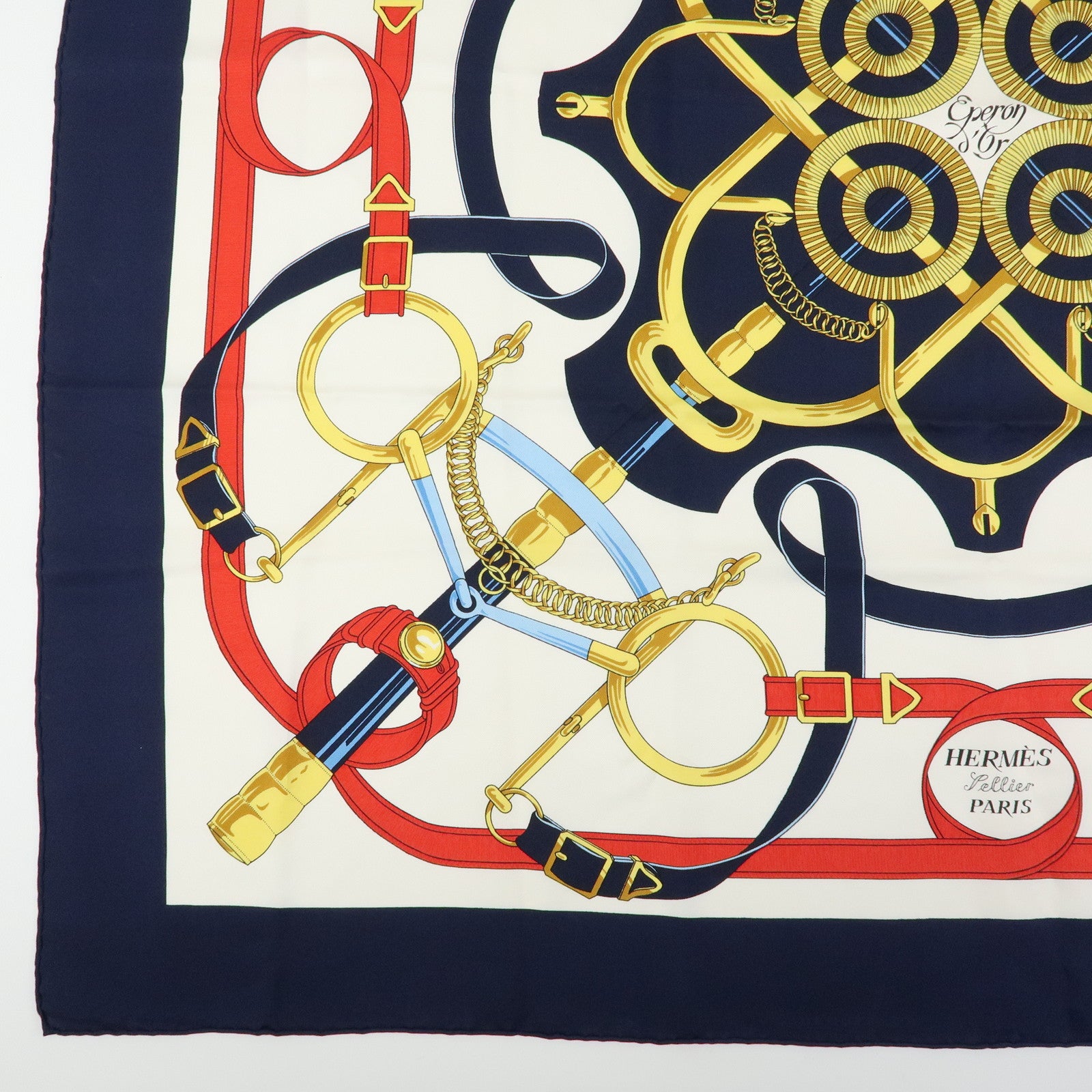 HERMES Carre 90 Silk 100% Scarf Eperon d'or Navy Ivory Red Gold