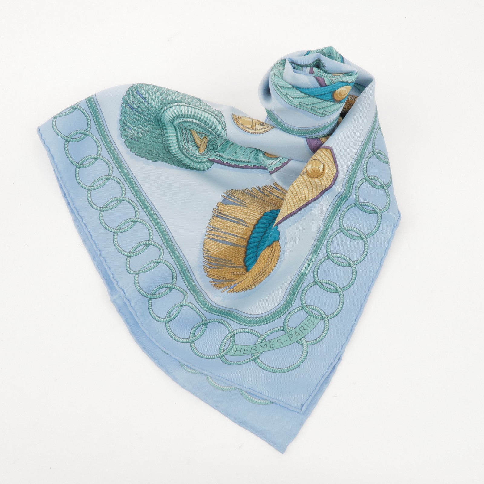 HERMES Carre 70 Silk 100% Scarf Epaulette Light Blue Light Green