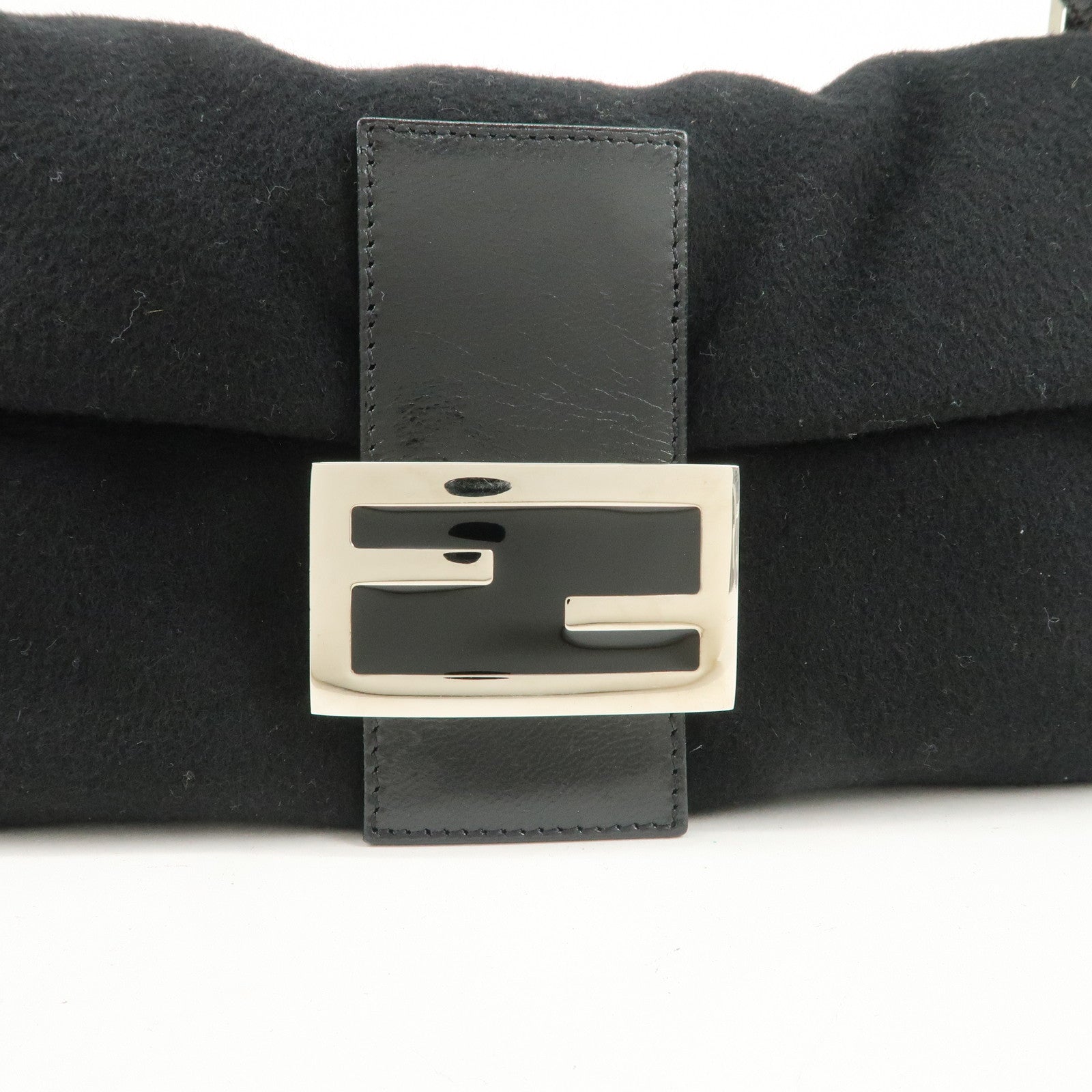 FENDI Mamma Baguette Wool Leather Shoulder Bag Hand Bag Black 26424