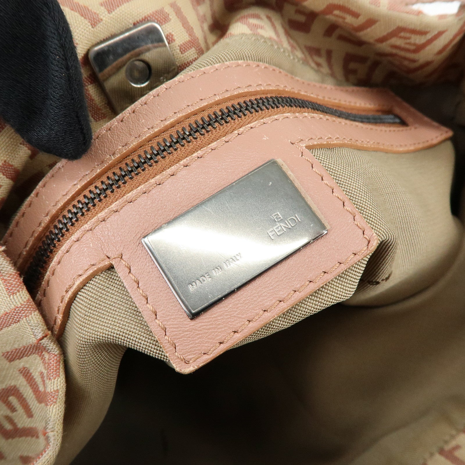 FENDI Zucchino Canvas Leather Shoulder Bag Beige Pink 8BR318
