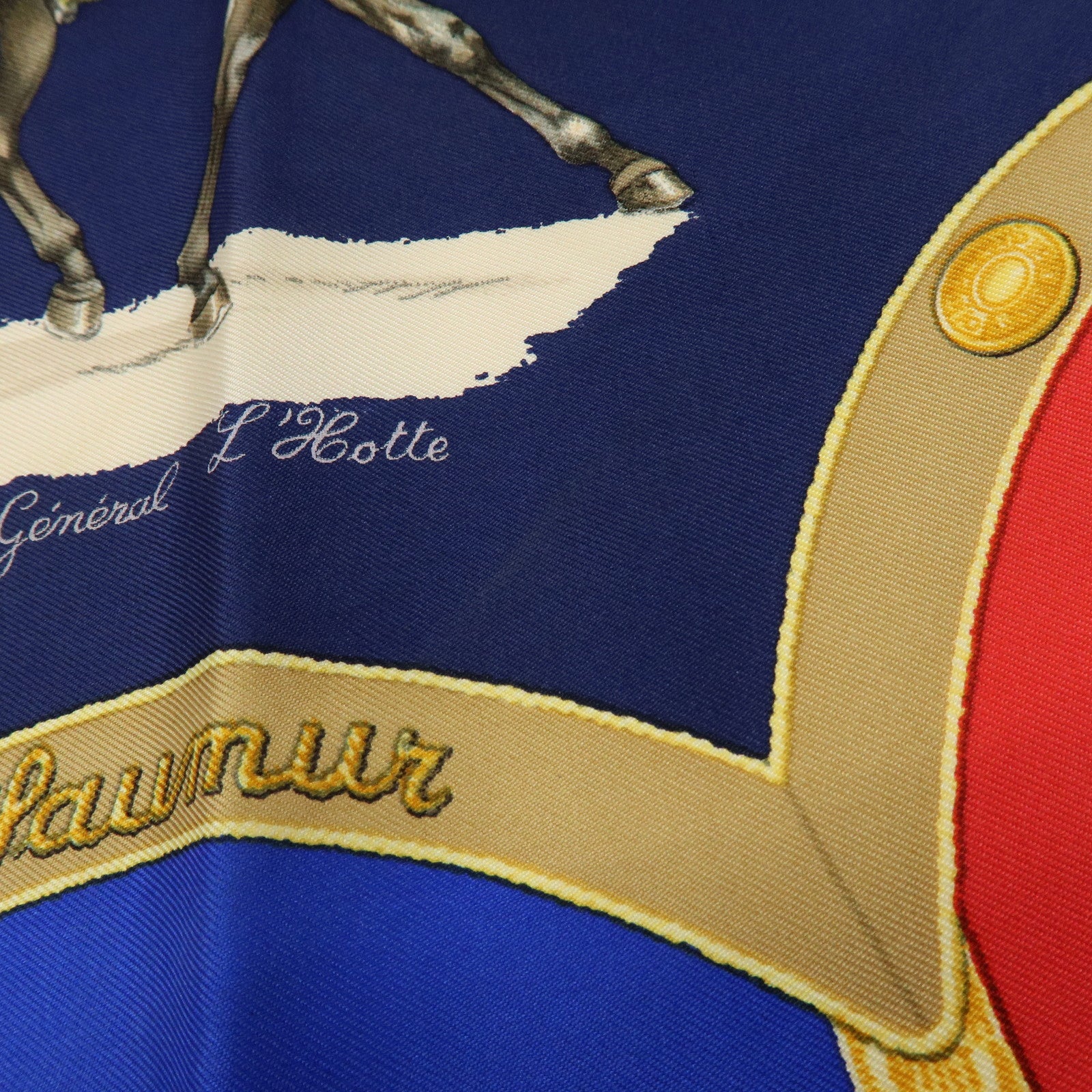 HERMES Carre 90 Silk 100% Scarf Le General LA Hotte Navy Red Blue