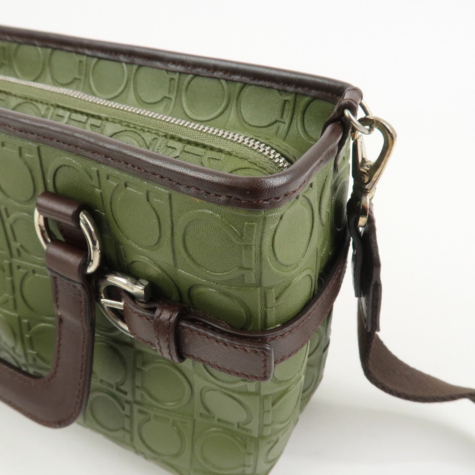 Ferragamo Gancini Embossed Leather 2Way Hand Shoulder Bag Green
