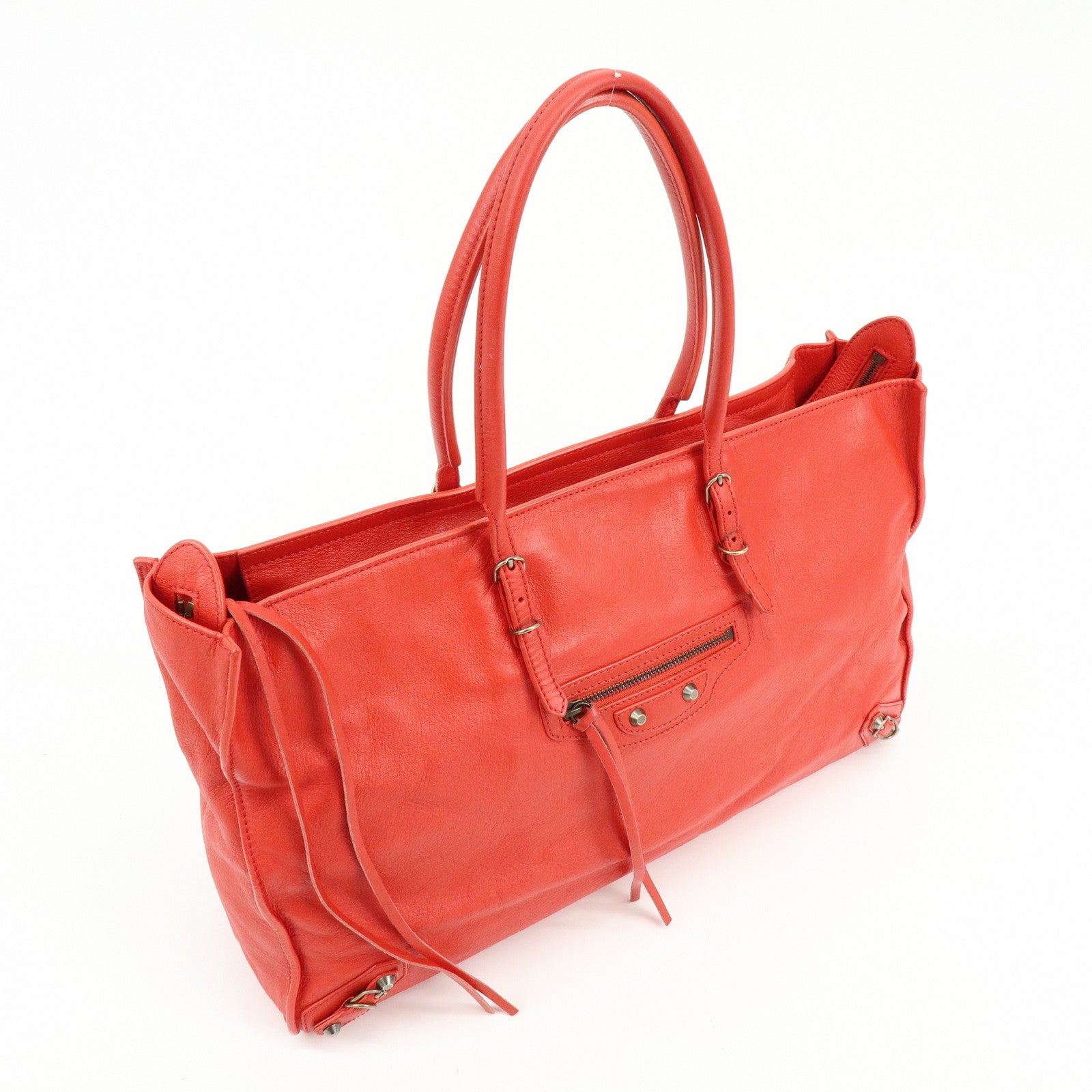 BALENCIAGA Paper Office Zip Leather Tote Bag Hand Bag Red 327771