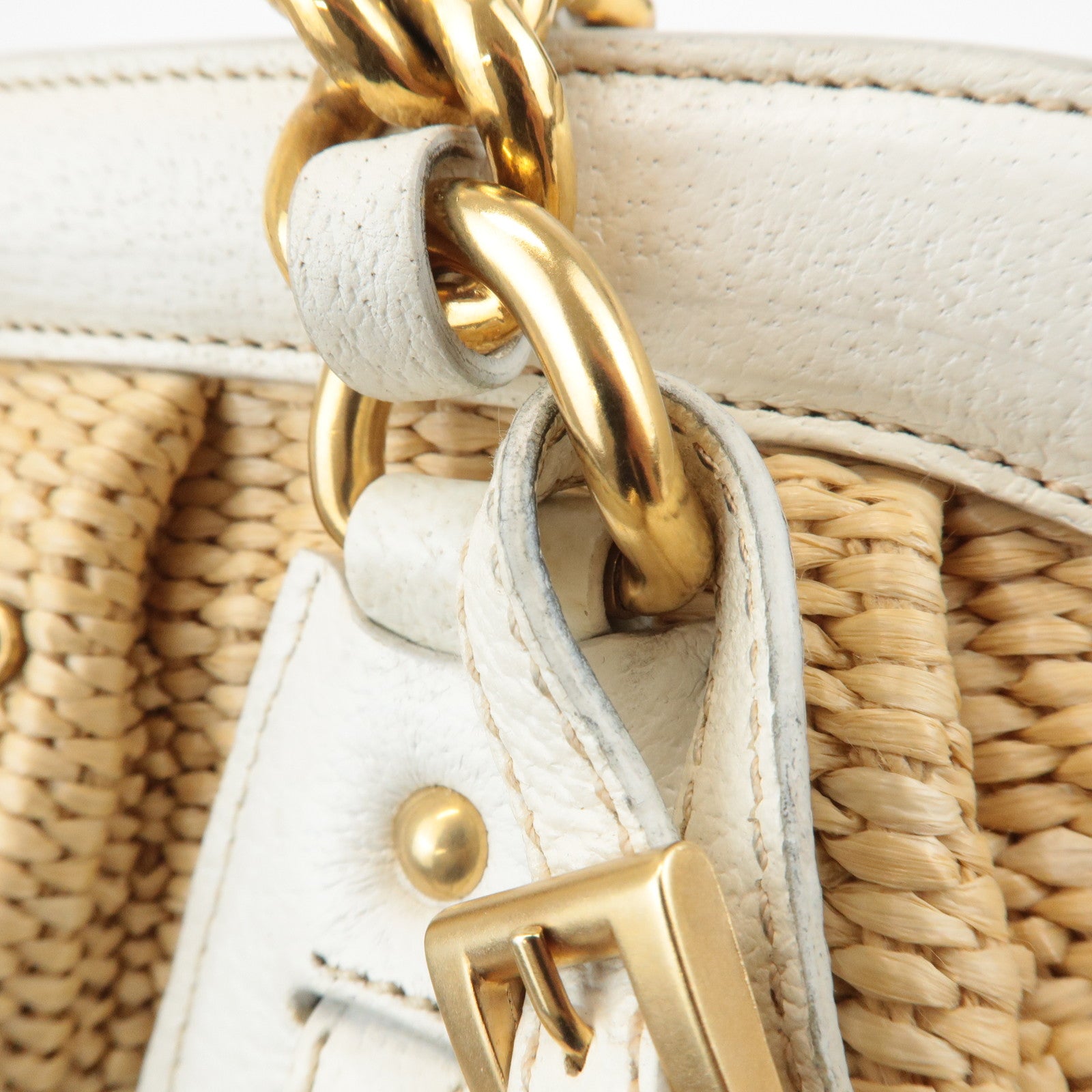 PRADA Triangle Leather Raffia Shoulder Bag Straw Bag Beige BR3693 Used