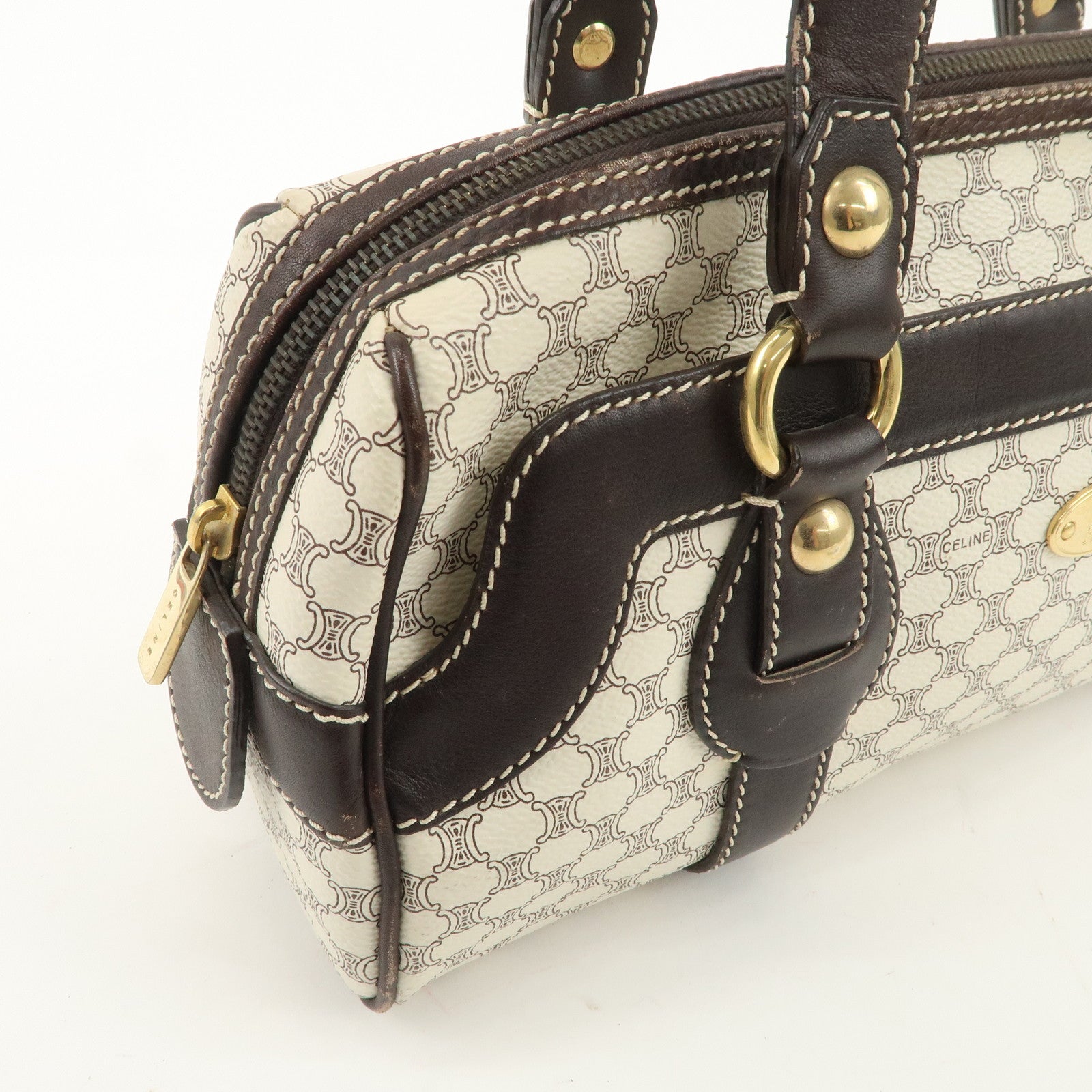 CELINE Macadam PVC Leather Mini Boston Bag Dark Brown White