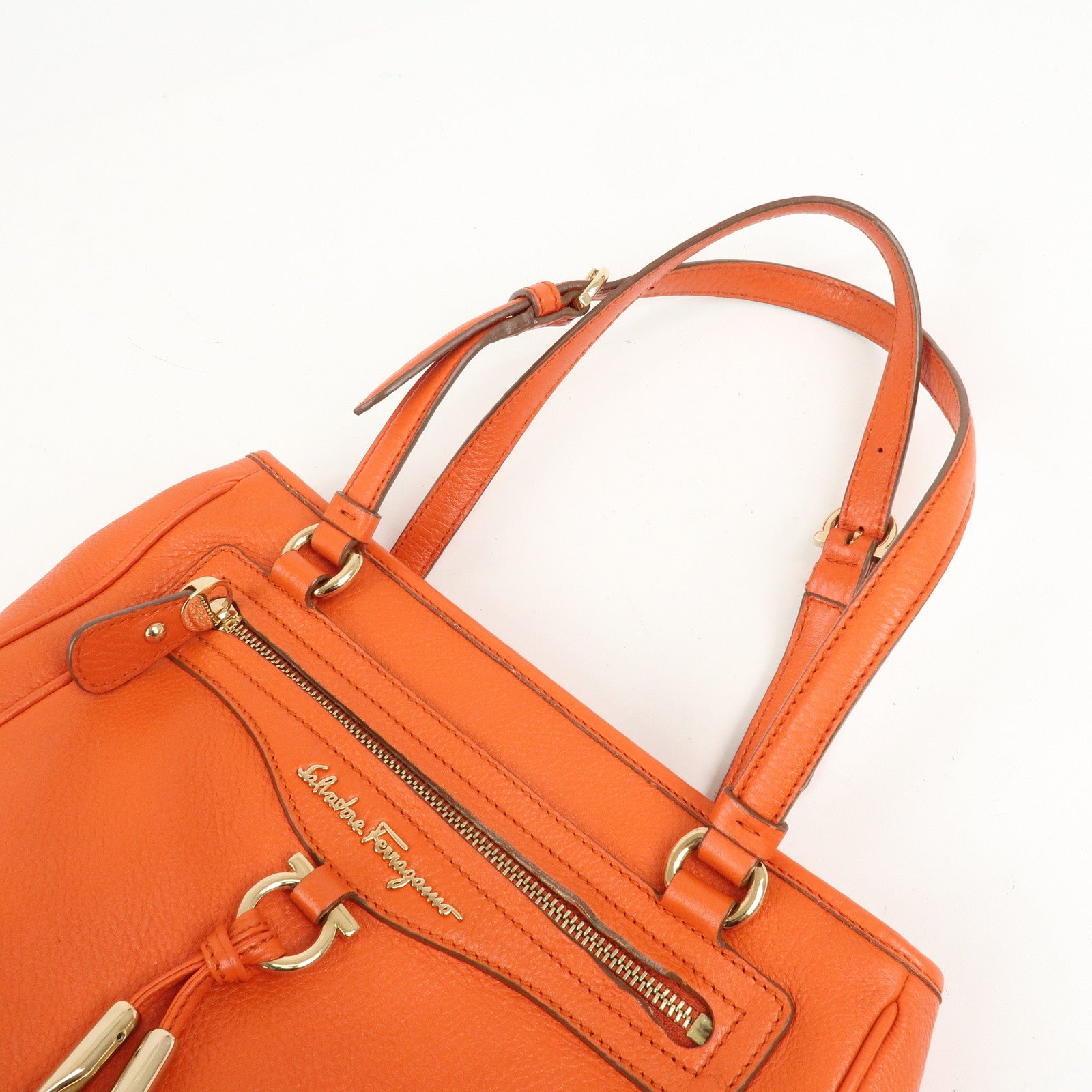Ferragamo Gancini Leather Hand Bag Orange Gold HDW