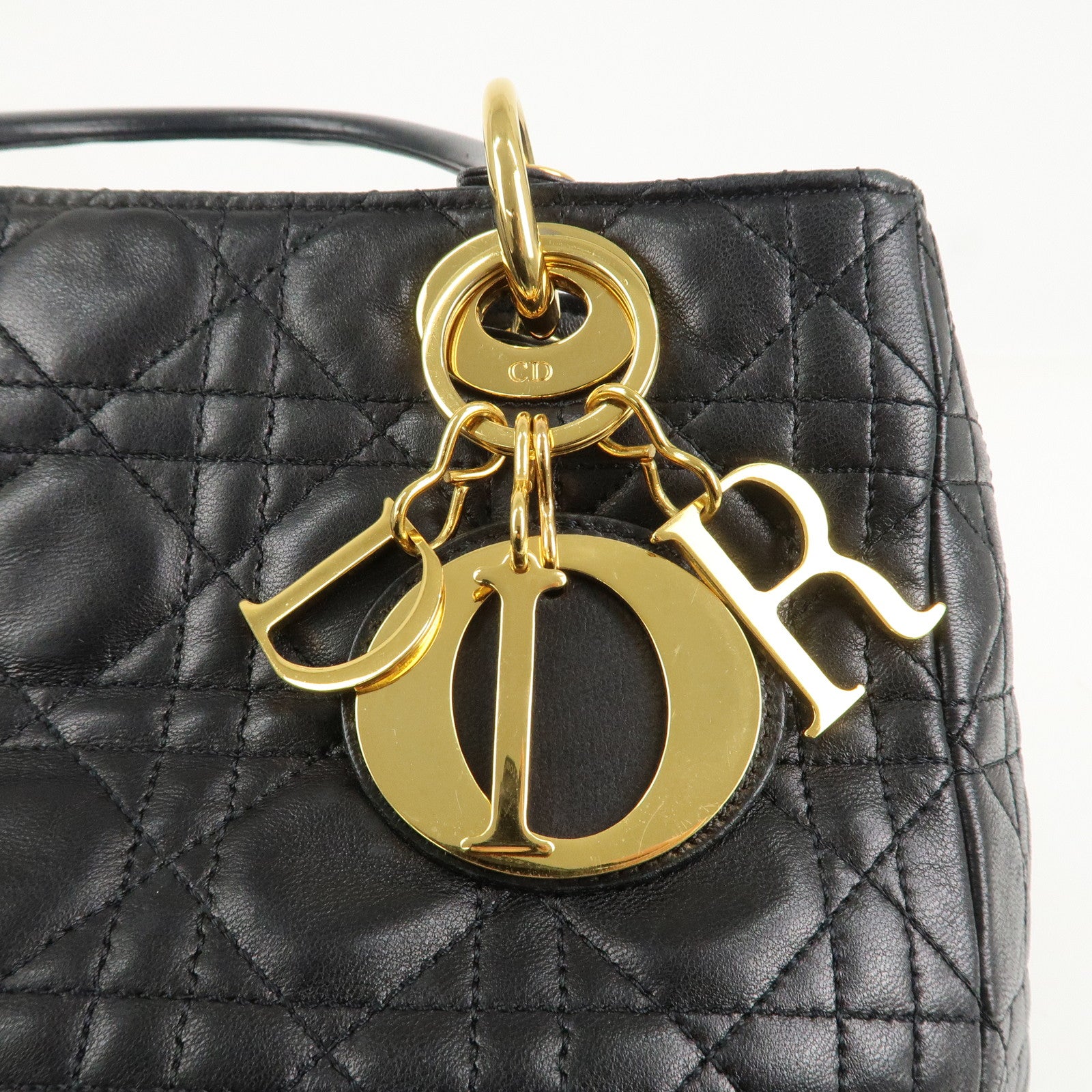 Christian Dior Lady Dior Canage Leather Hand Bag Black Used