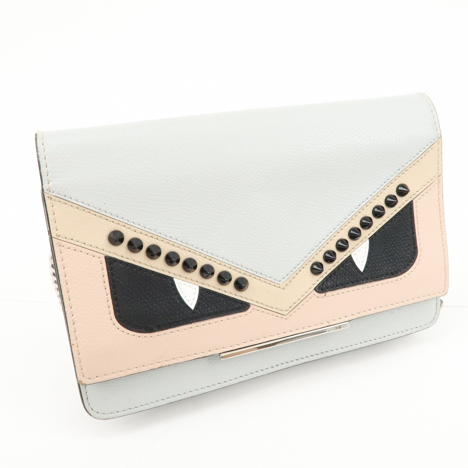 FENDI Logo Leather Monster Shoulder Bag Crossbody Bag Gray 8M0346