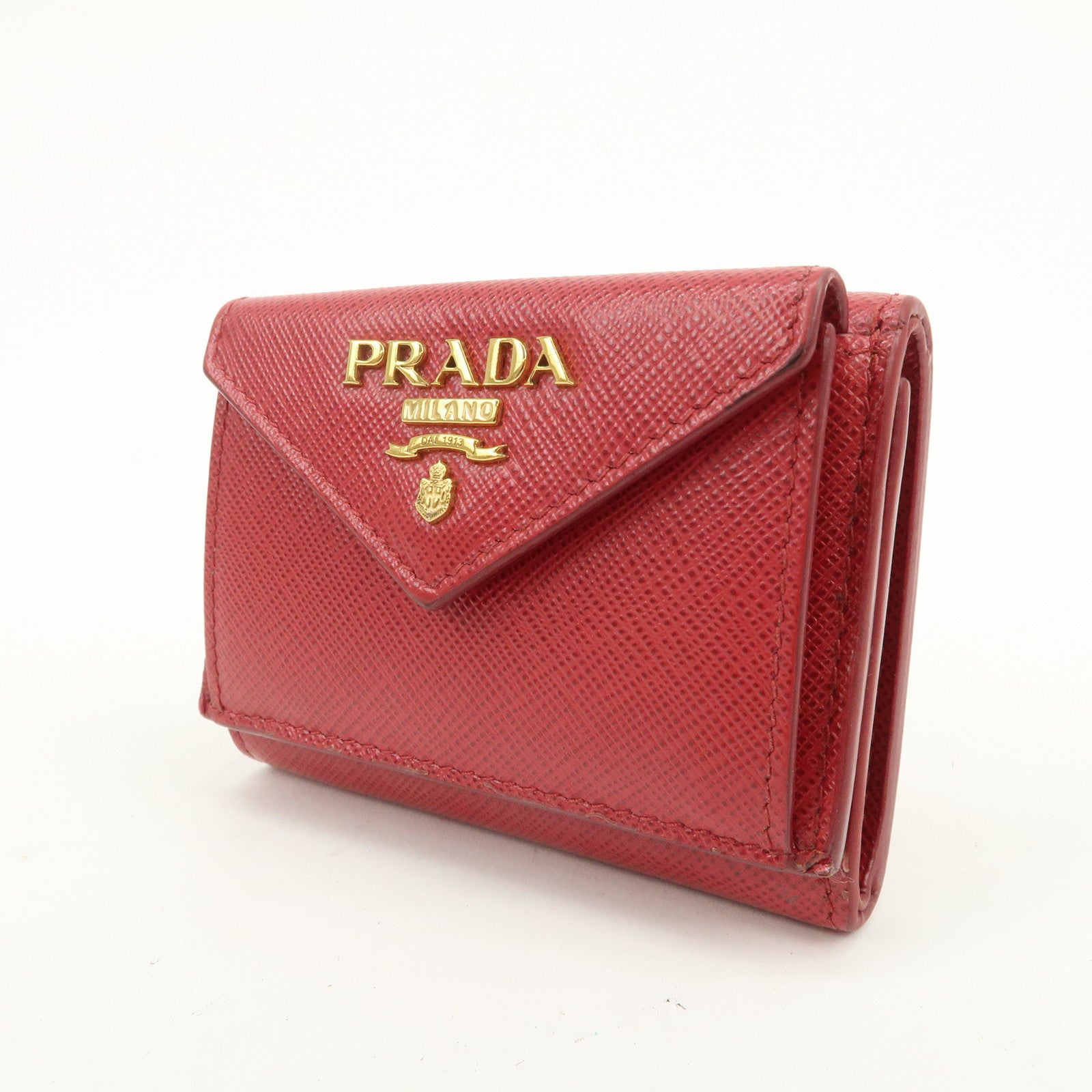 PRADA Saffiano Leather Tri-fold Compact Wallet Red 1MH021
