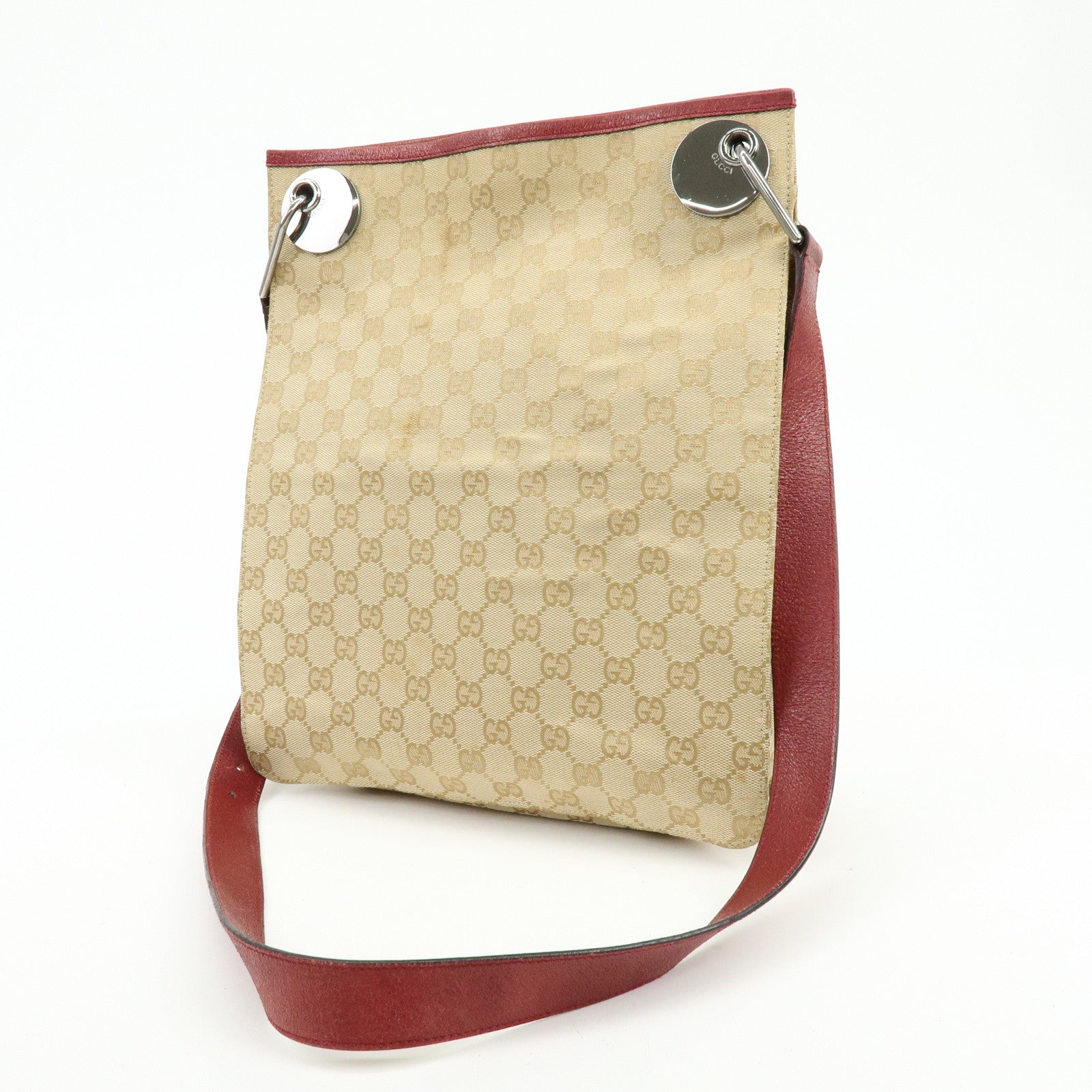 GUCCI GG Canvas Leather Shoulder Bag Crossbody Bag Beige Burgundy