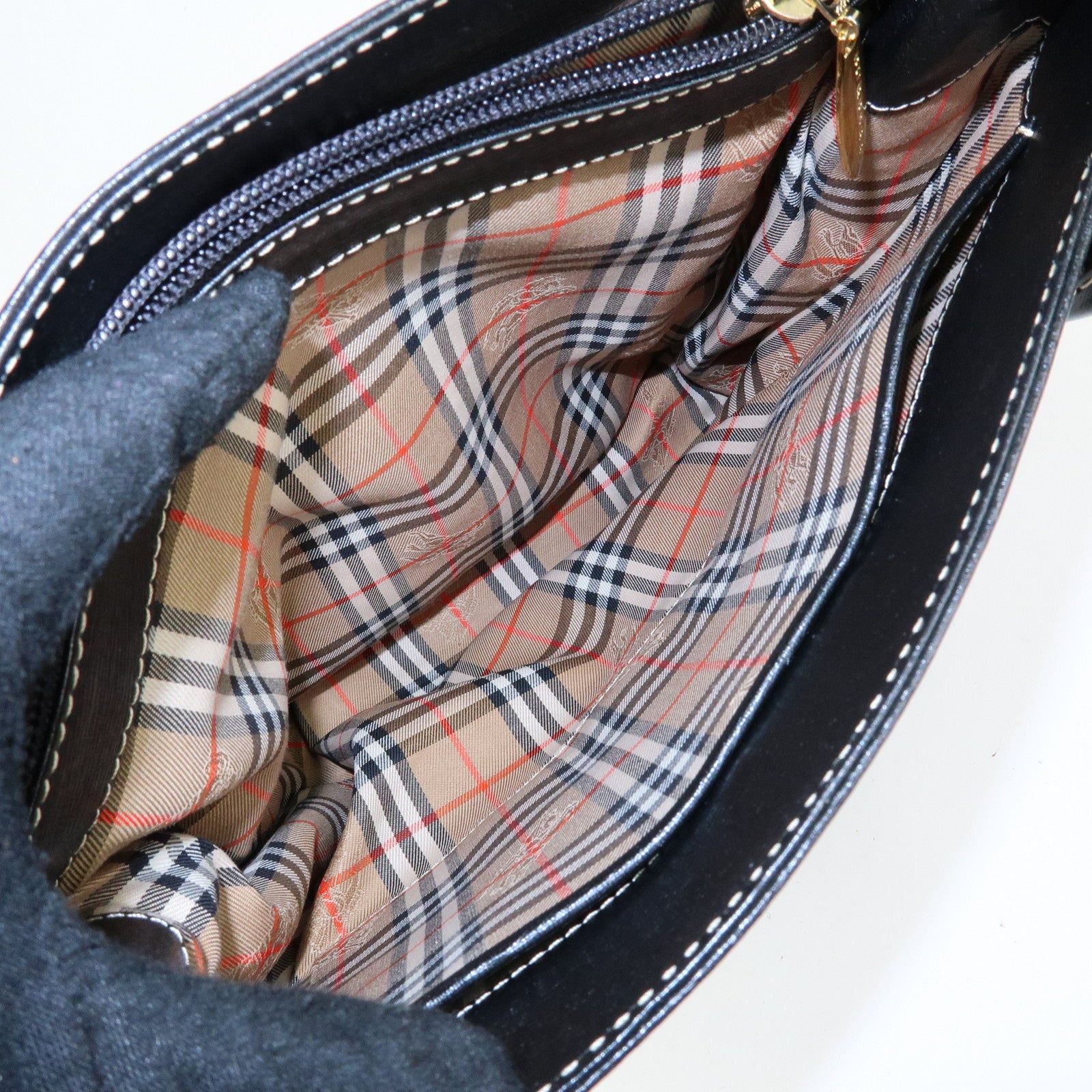 BURBERRY Leather Nova Plaid Hand Bag Tote Bag Black
