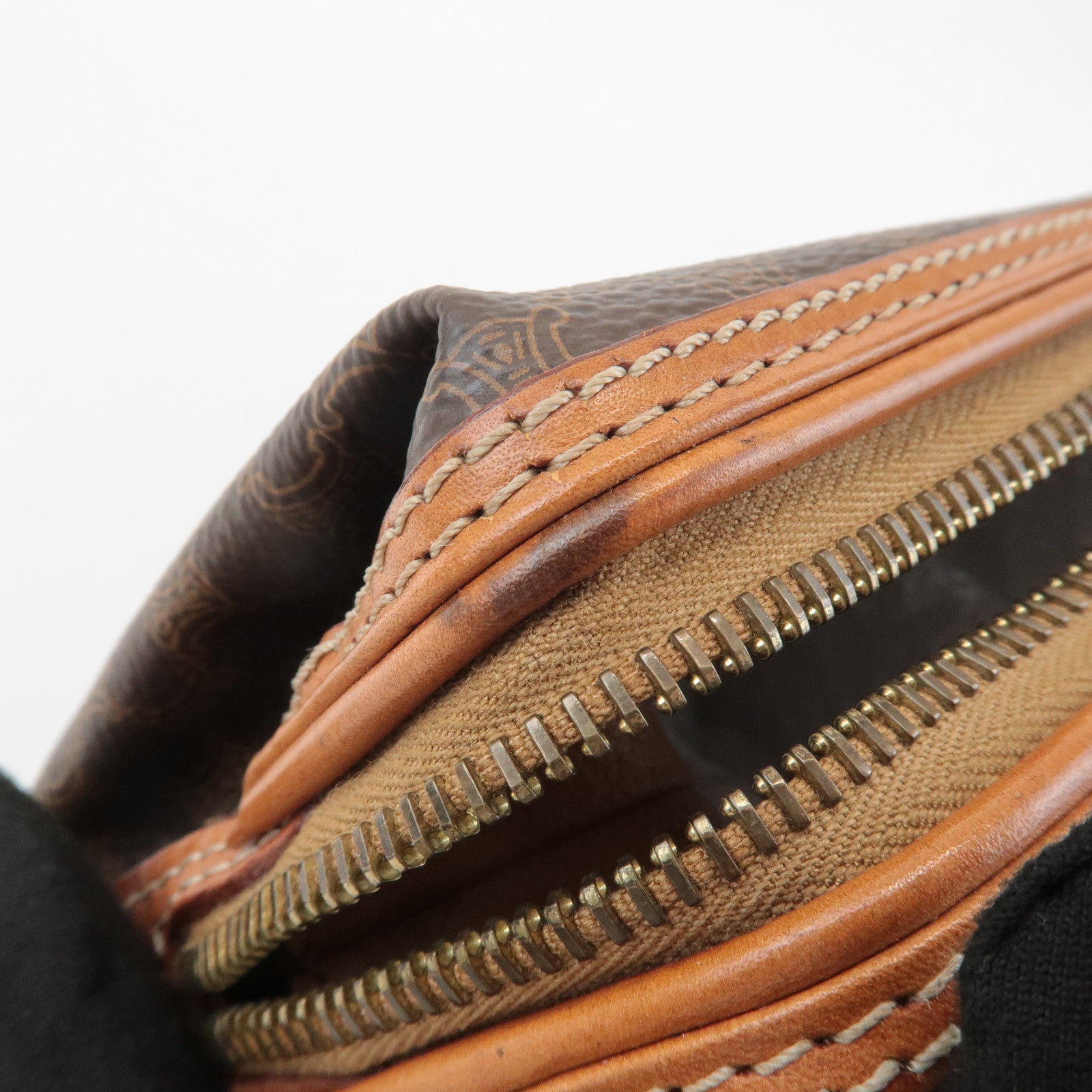 CELINE Macadam PVC Leather Canvas Pouch Brown Gold Hardware