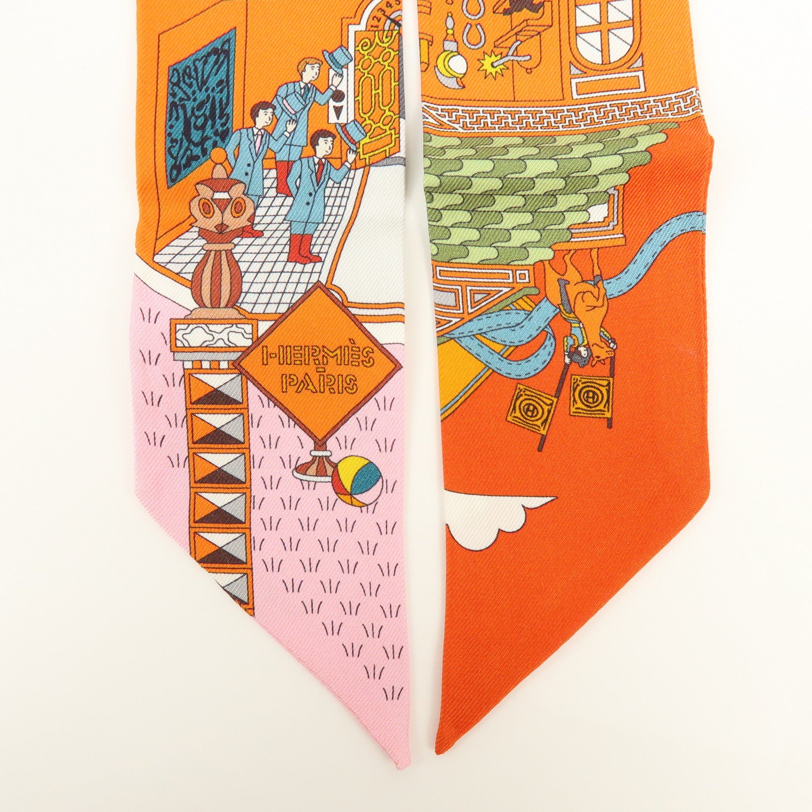 HERMES Twilly Silk 100% La Maison Des Carres Scarf Orange Pink