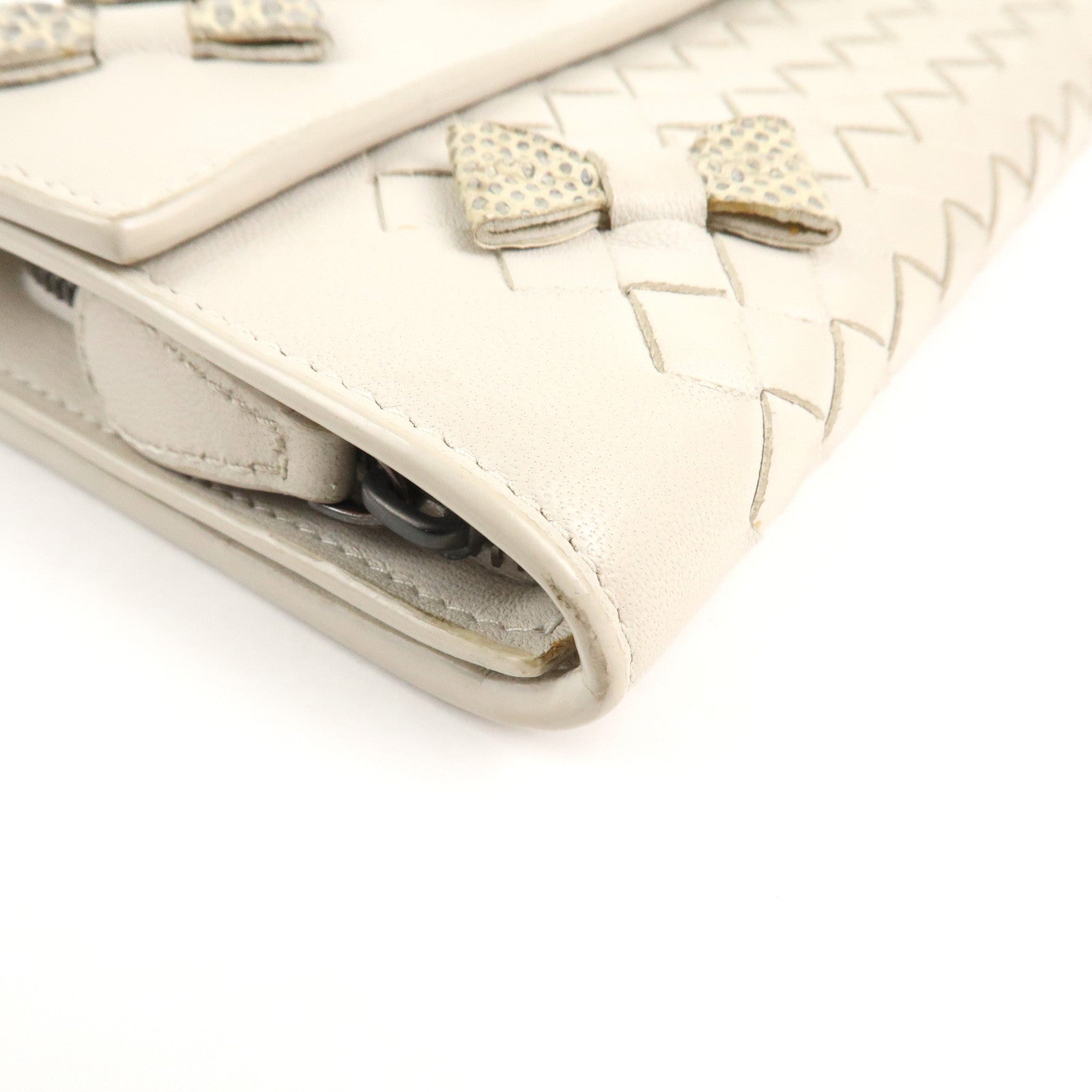 BOTTEGA VENETA Intrecciato Leather Long Wallet Ribbon Ivory Used