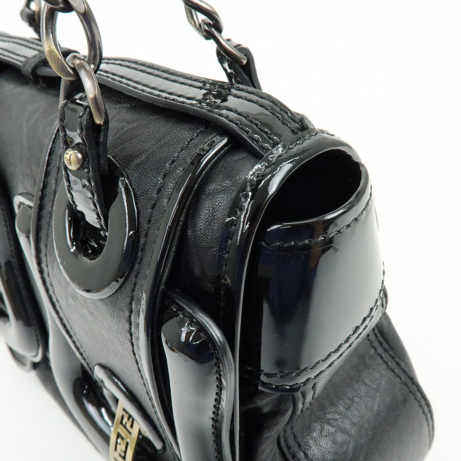 FENDI Patent Leather Chain Shoulder Bag Hand Bag Black 8BN165