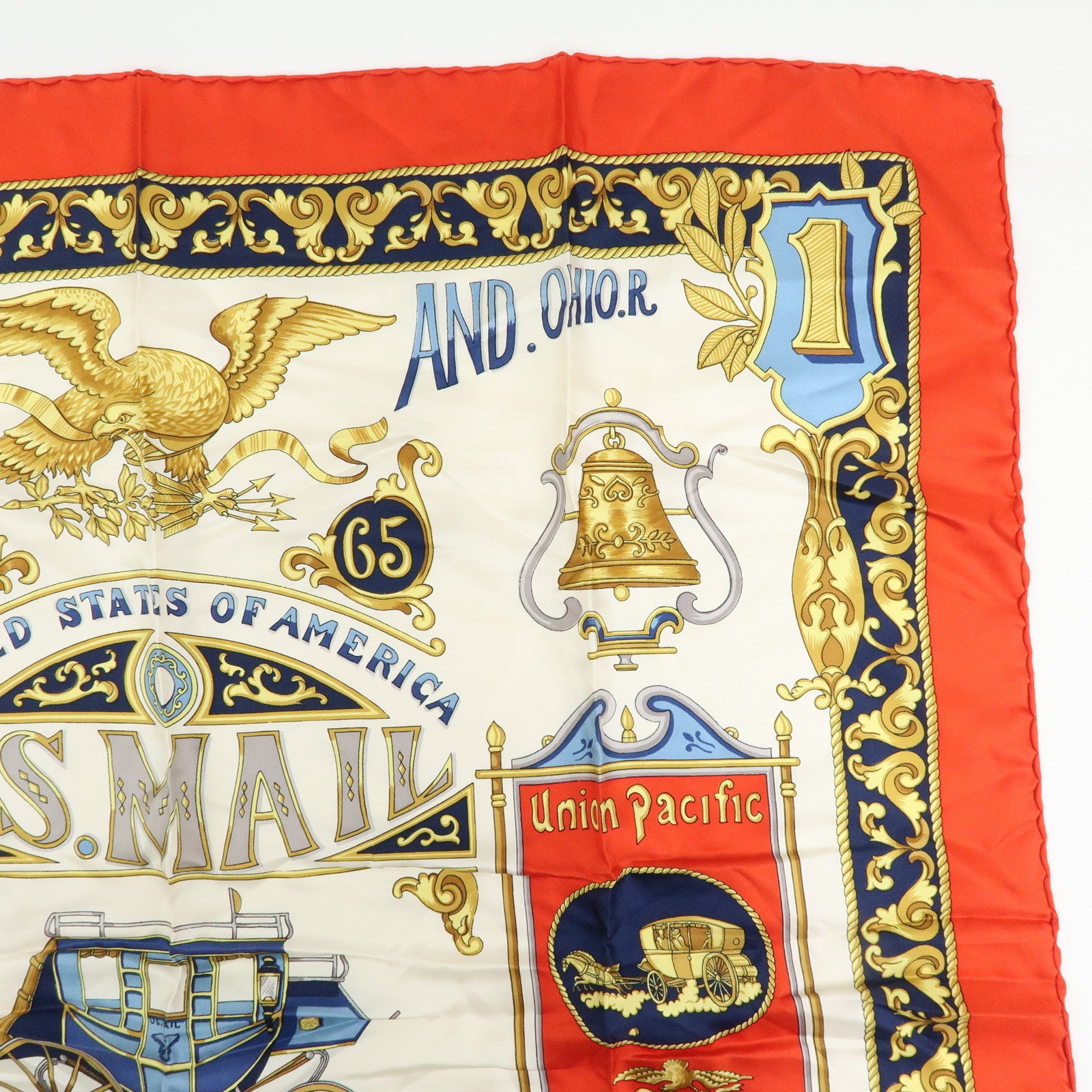 CELINE Silk Baltimore and Ohio Railroad Scarf 85x85 Red White Blue