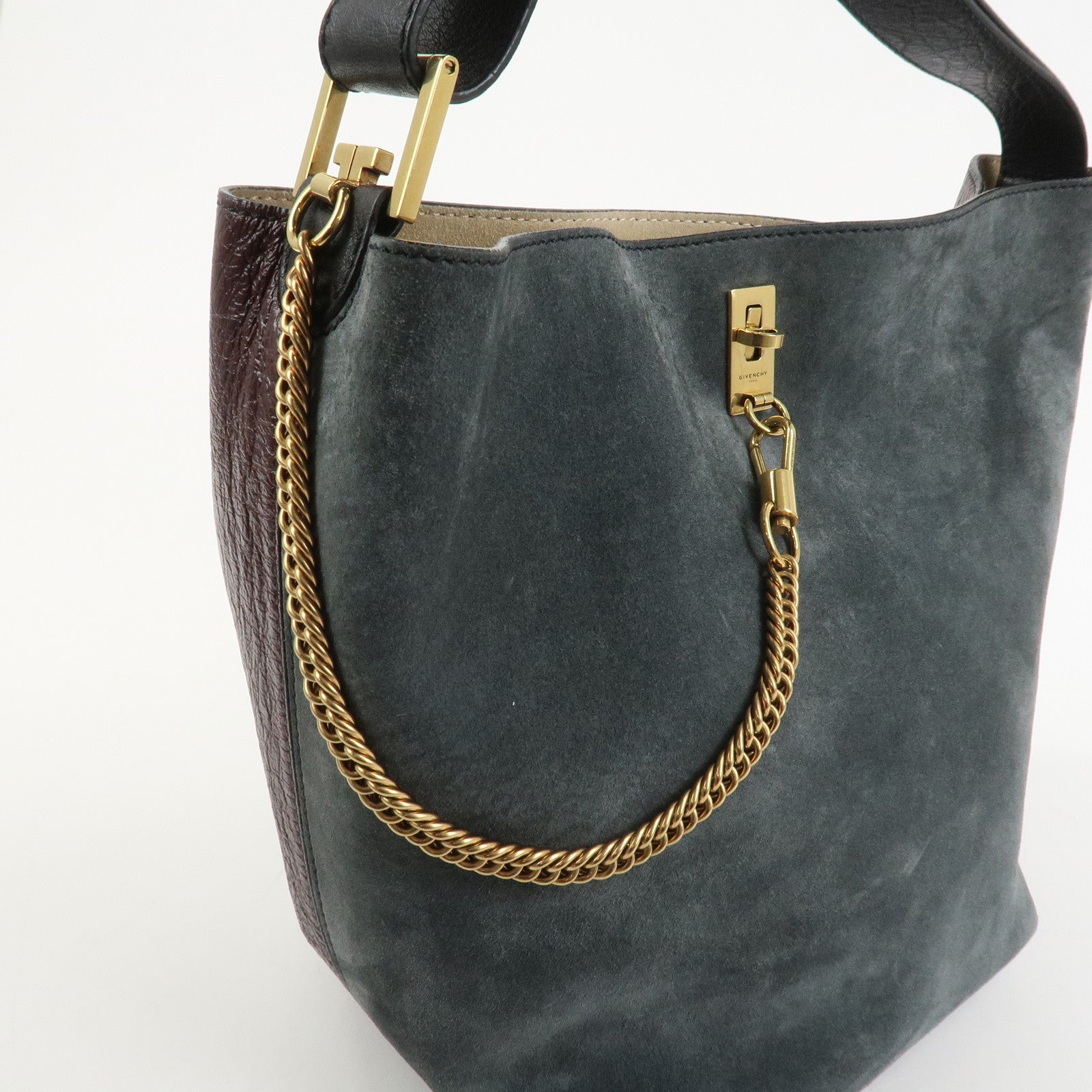 GIVENCHY Suede Leather Hand Bag Shoulder Bag Gray Bordeaux Black