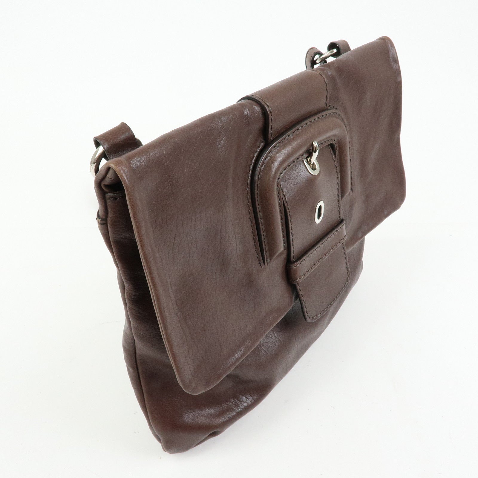 TOD'S Leather Belt Accent Flap Shoulder Bag Crossbody Bag Brown