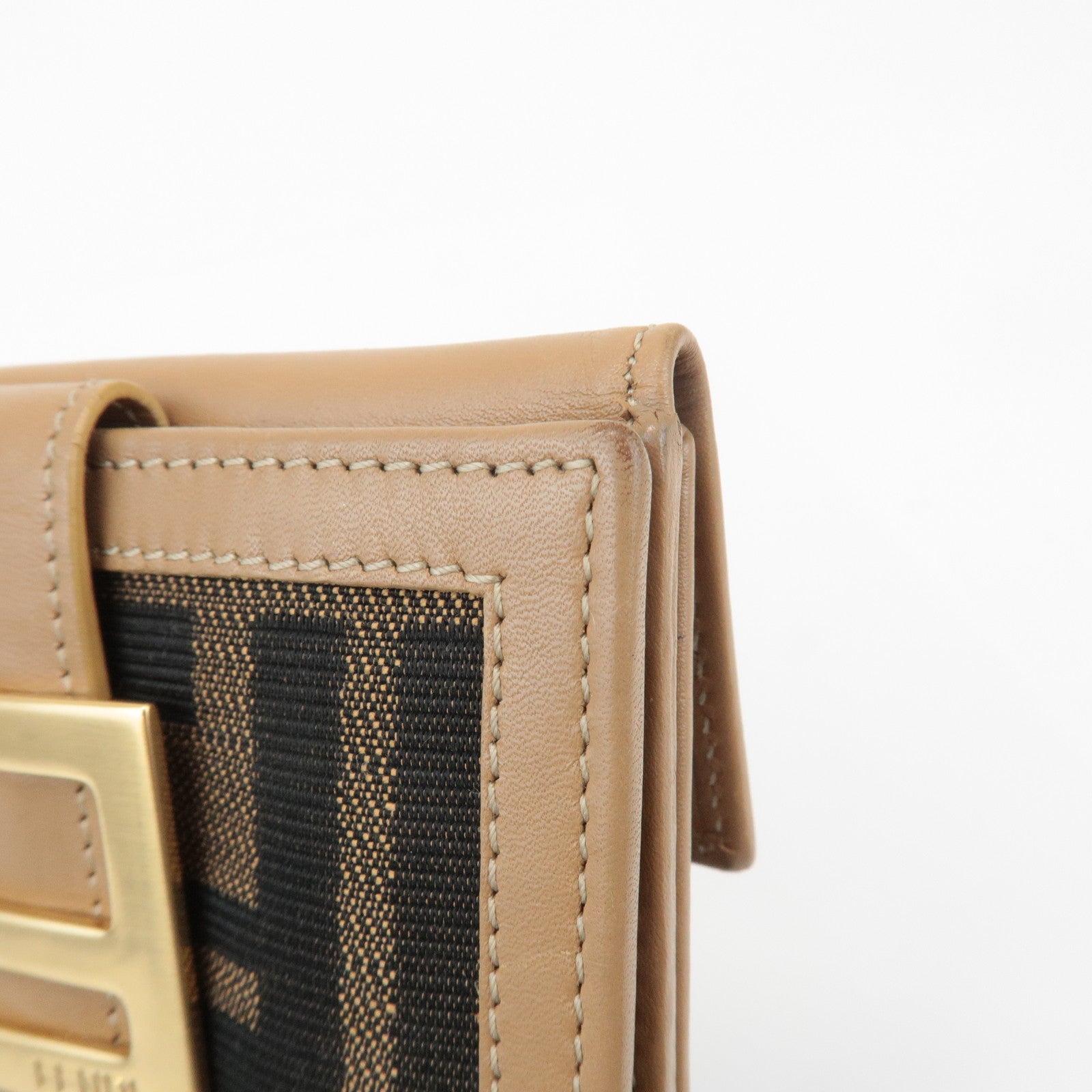 FENDI Zucca Leather Canvas Double Hook Bi Fold Wallet Beige 8M0035 Used