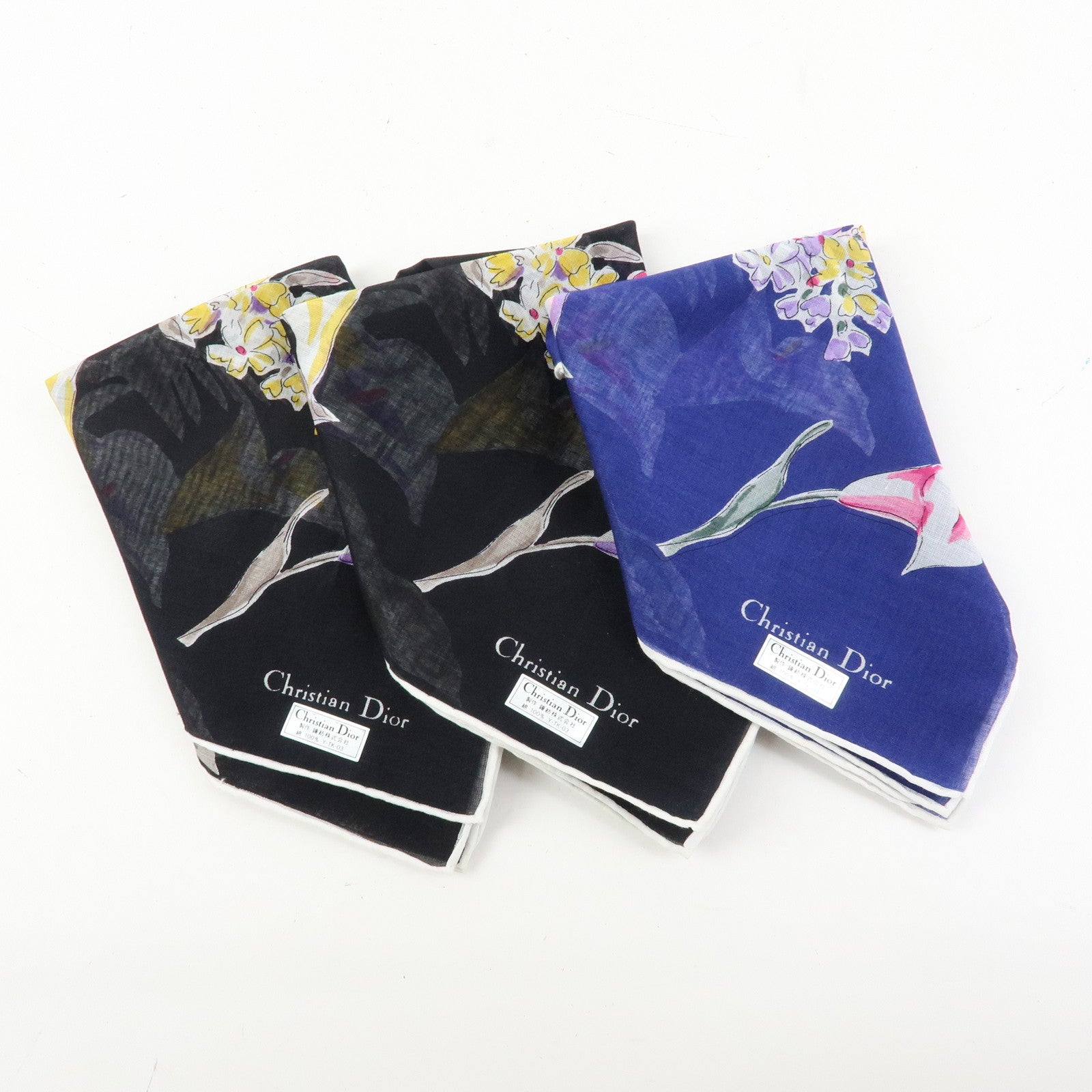Christian Dior Set of 3 Cotton 100% Scarf Flower Print Navy Black