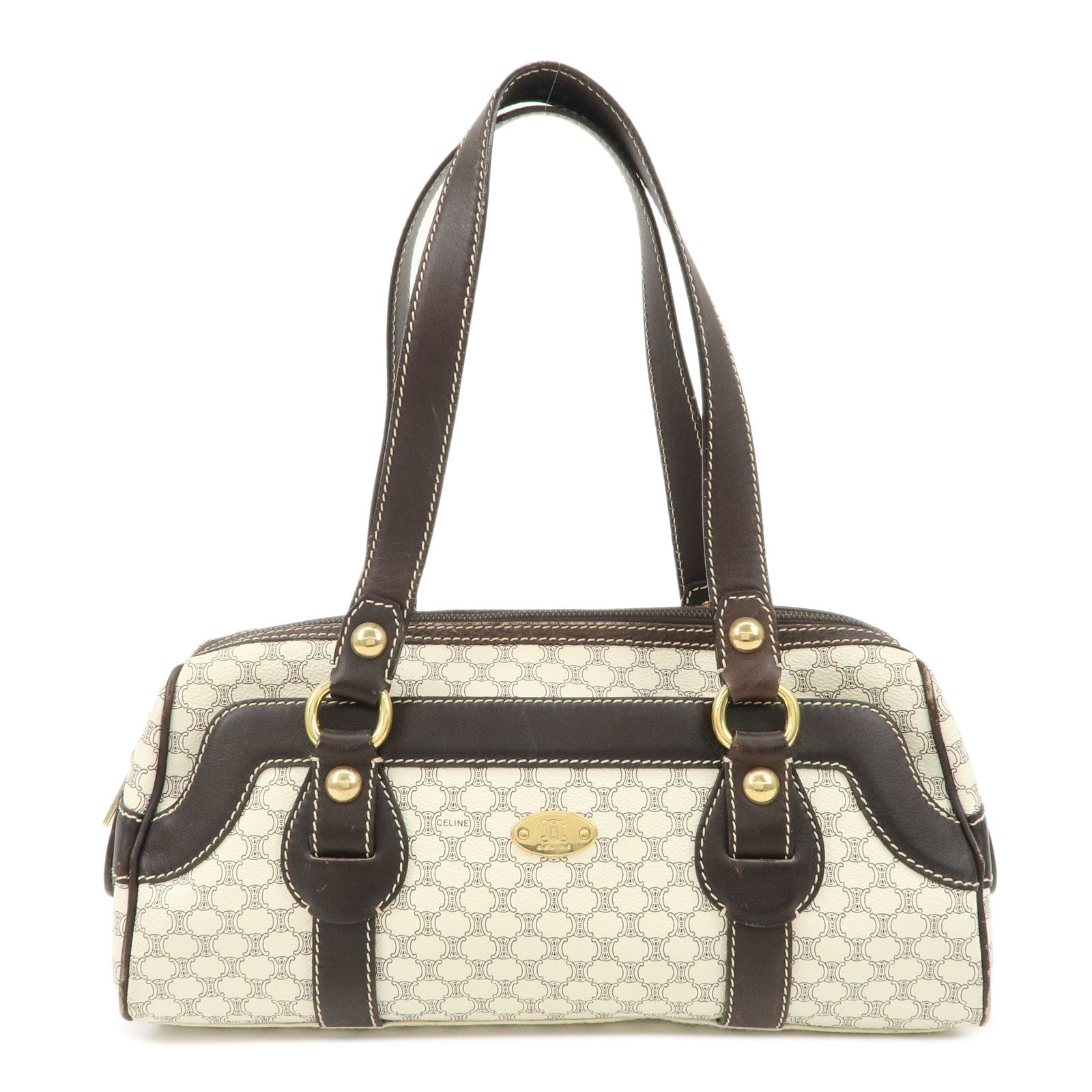 CELINE Macadam PVC Leather Mini Boston Bag Dark Brown White