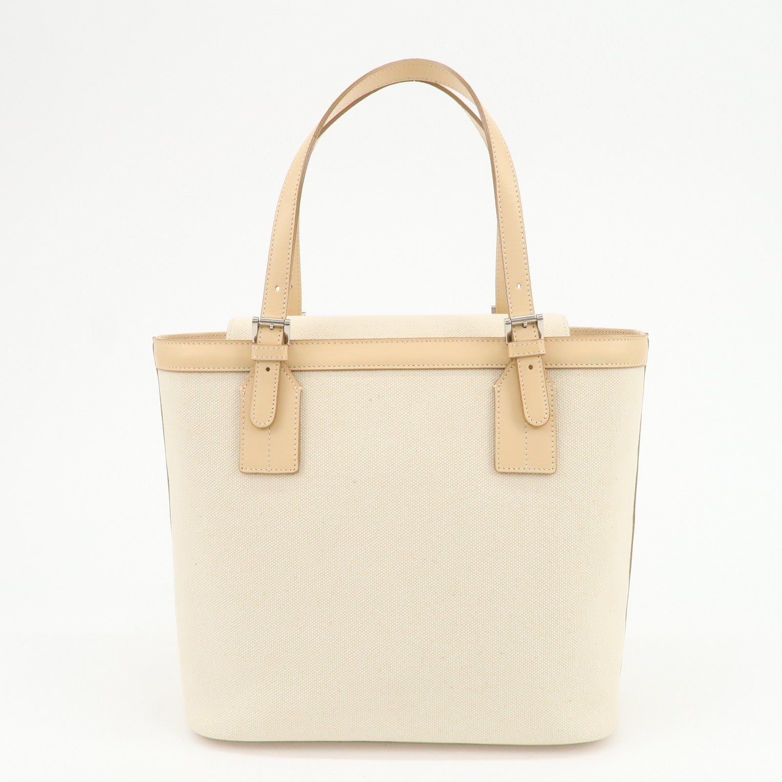 BURBERRY Cotton Leather Tote Bag Hand Bag Natural Beige