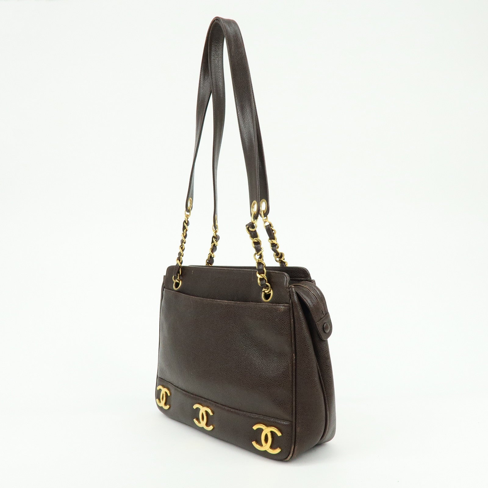 CHANEL Triple COCO Mark Caviarskin Chain Shoulder Bag Brown