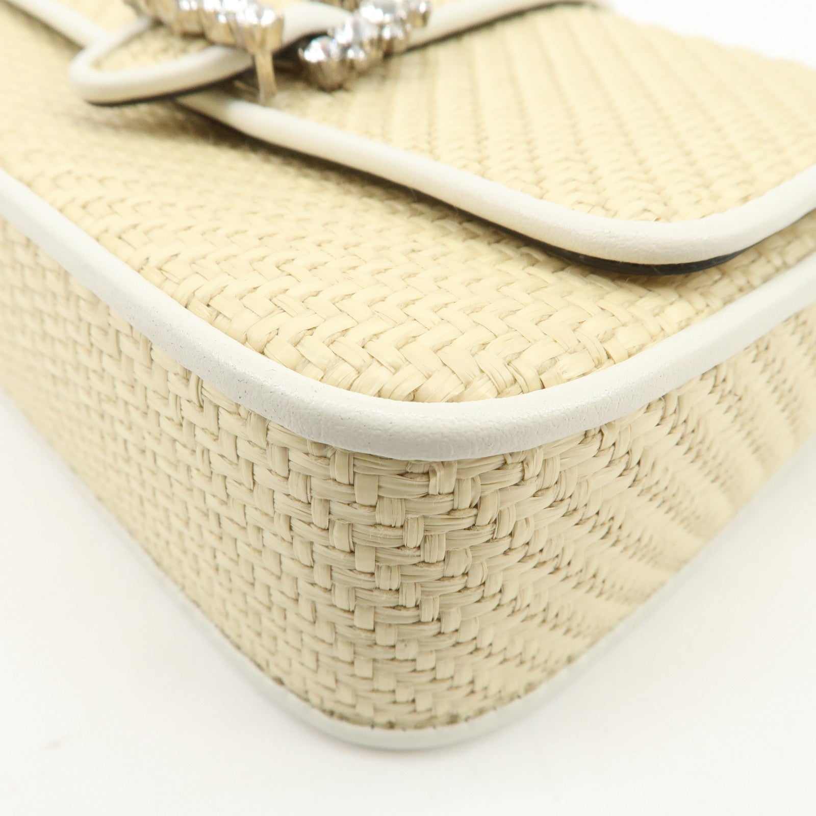 JIMMY CHOO Raffia Leather Mini Chain Shoulder Bag Beige Ivory